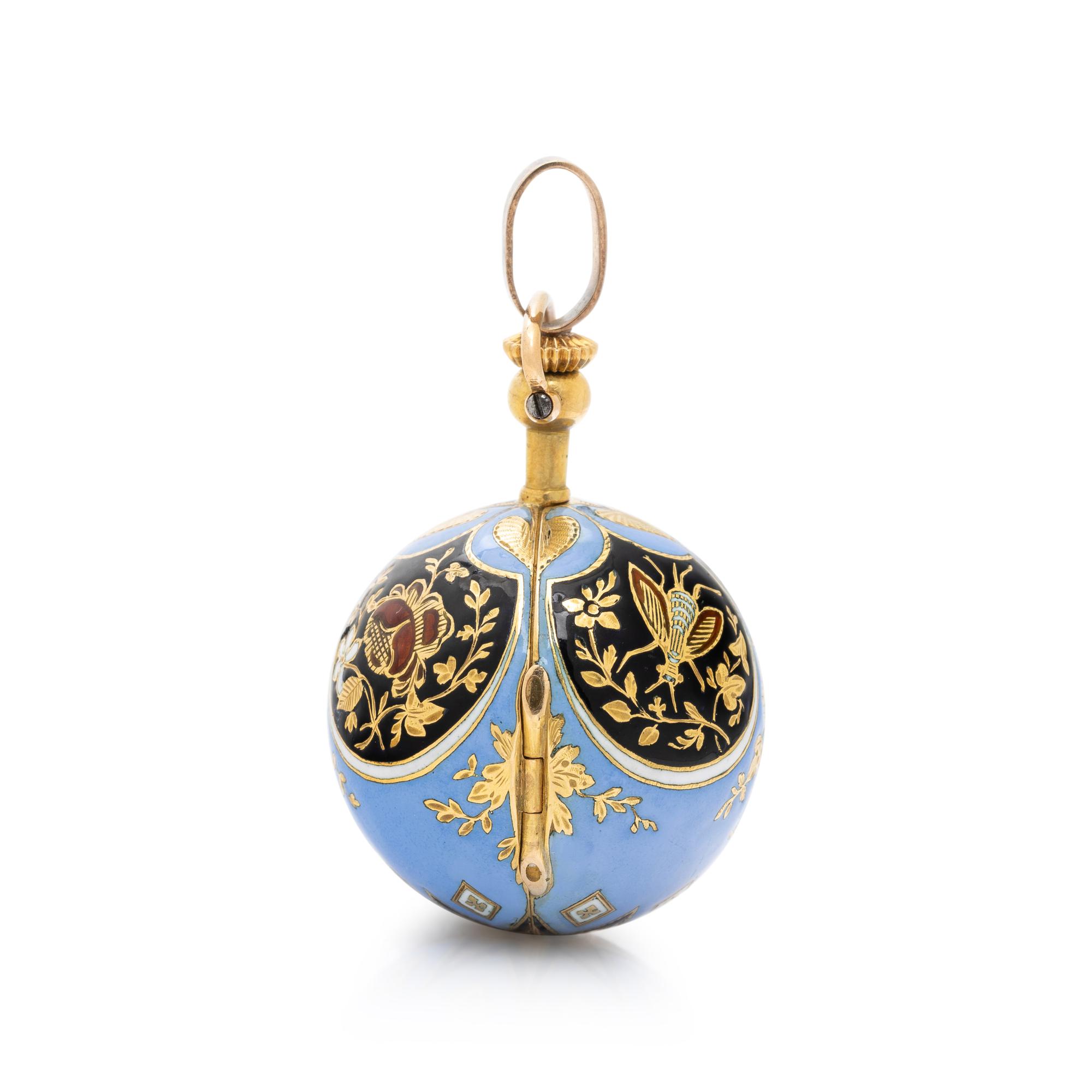 ANTIQUE, ENAMEL AND YELLOW GOLD PENDANT BALL WATCH