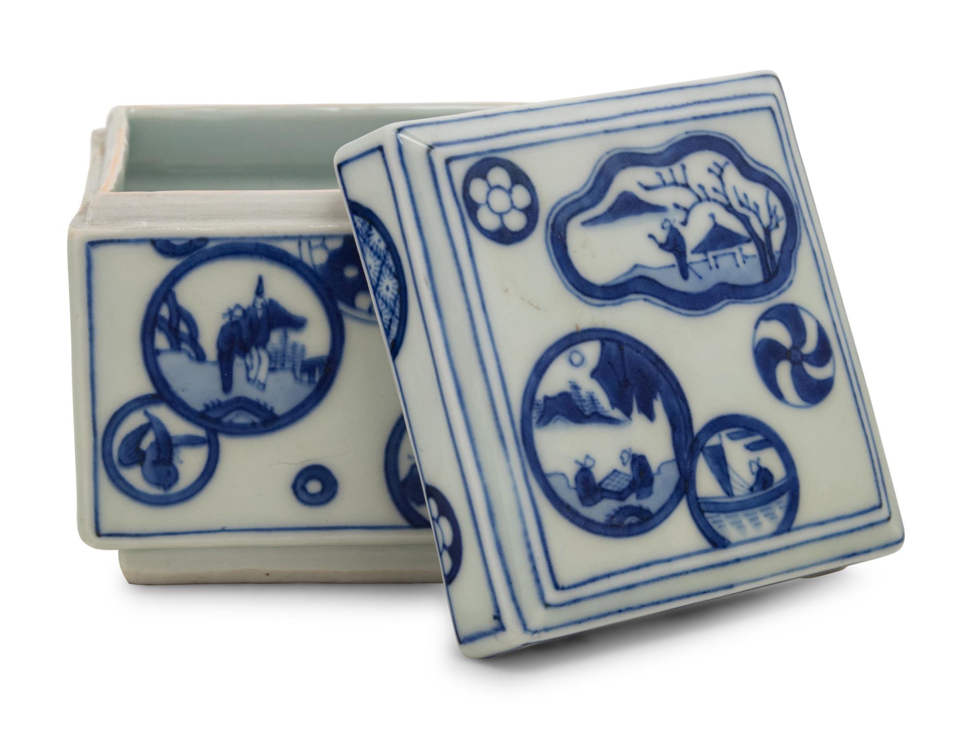 A Japanese Blue and White Porcelain Square Covered Box
