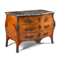 A Louis XV Gilt Bronze Mounted Marquetry, Tulipwood, and Fruitwood Marble-Top Commode