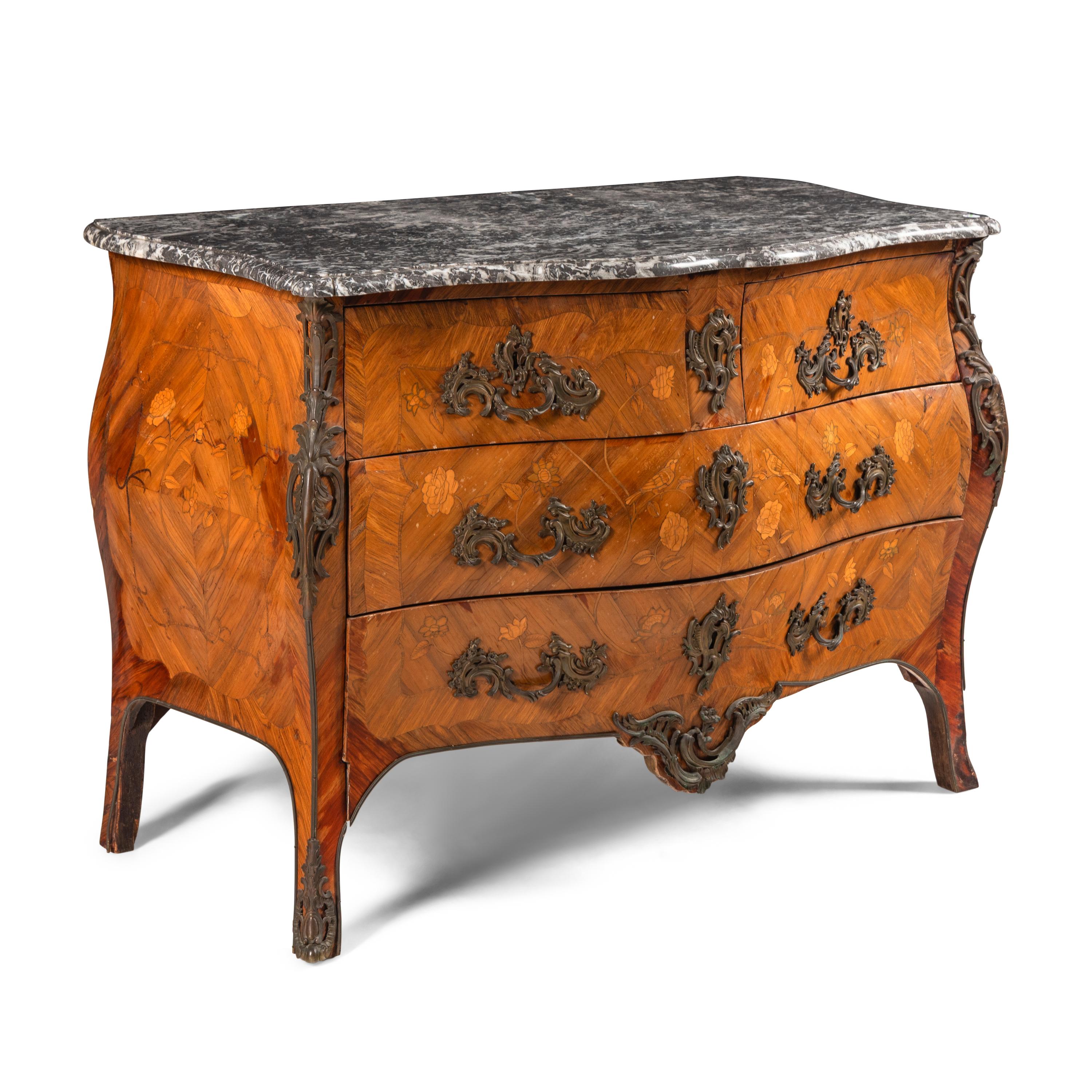 A Louis XV Gilt Bronze Mounted Marquetry, Tulipwood, and Fruitwood Marble-Top Commode