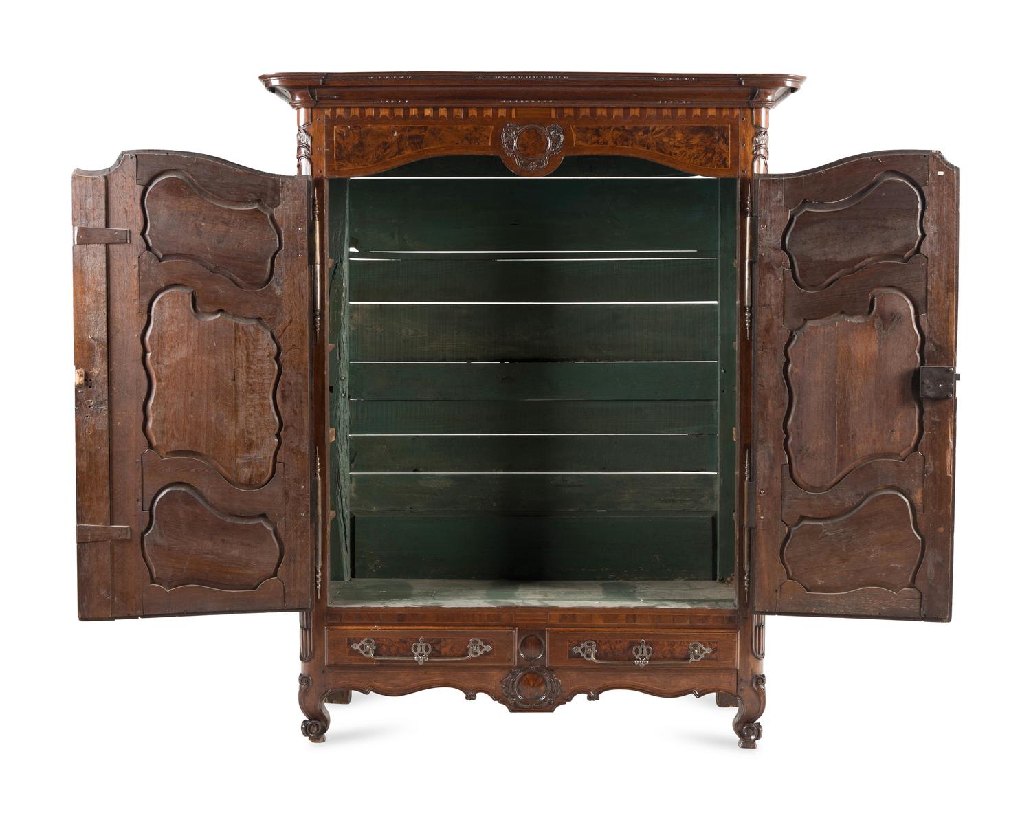 A Louis XV Walnut and Mulberry Marquetry Armoire