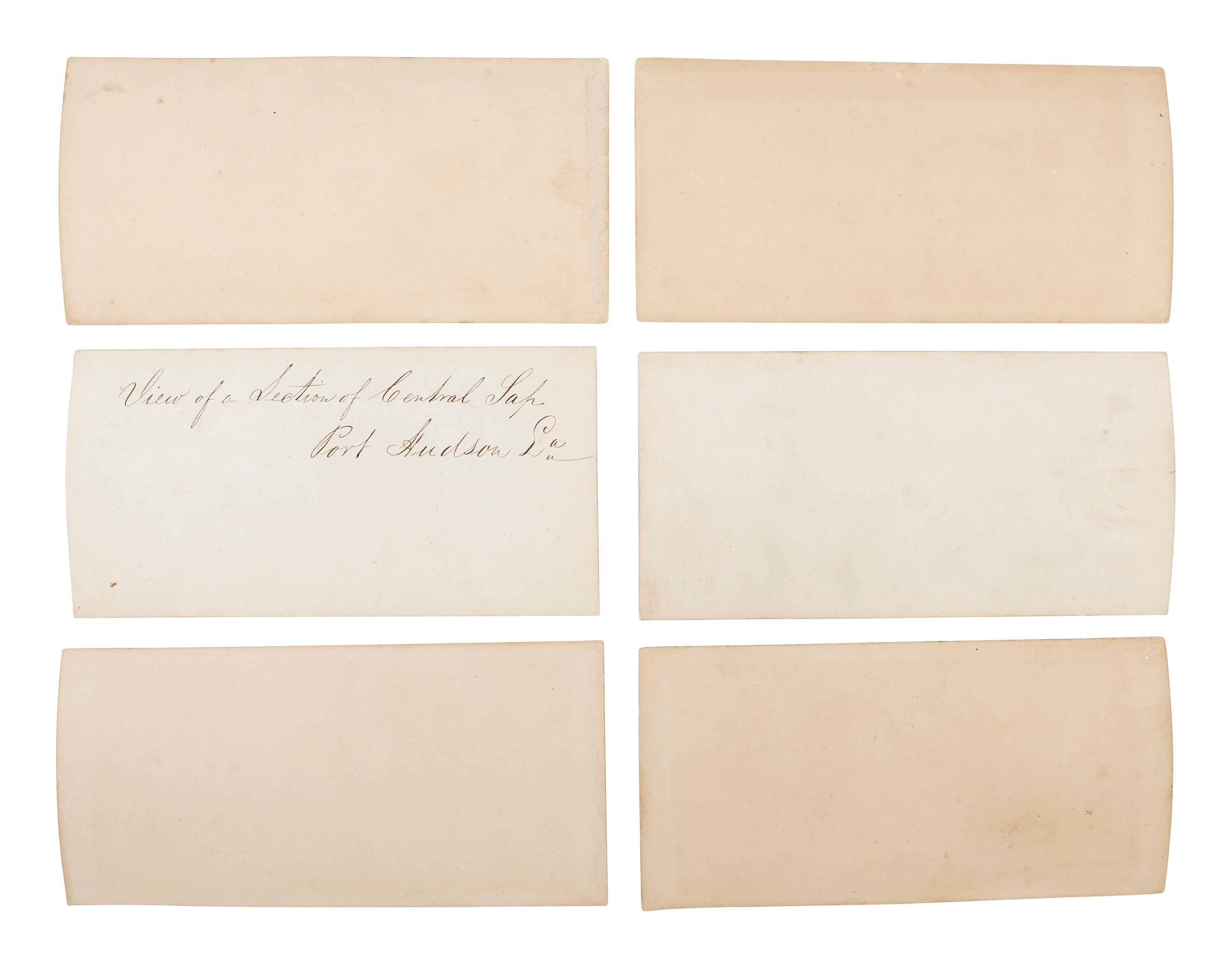 [CIVIL WAR]. A group of 6 stereoviews of Port Hudson, Louisiana, after the siege, incl. Confederate fortifications, "rat holes," and other structures. [Baton Rouge, LA]: [McPherson & Oliver], ca 1863-1864.
