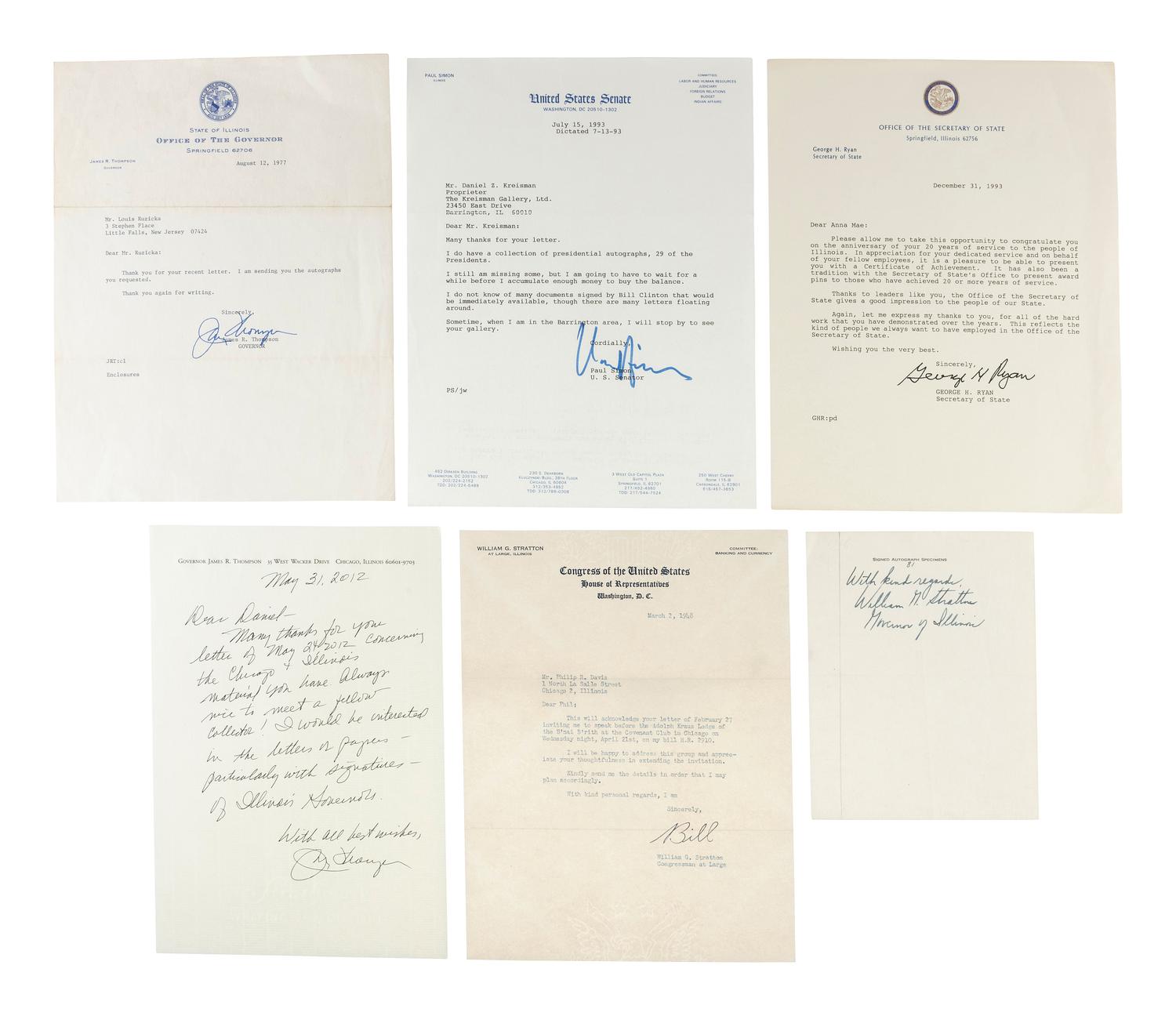 [ILLINOIS]. A large group of documents SIGNED by post-Civil War governors of Illinois.