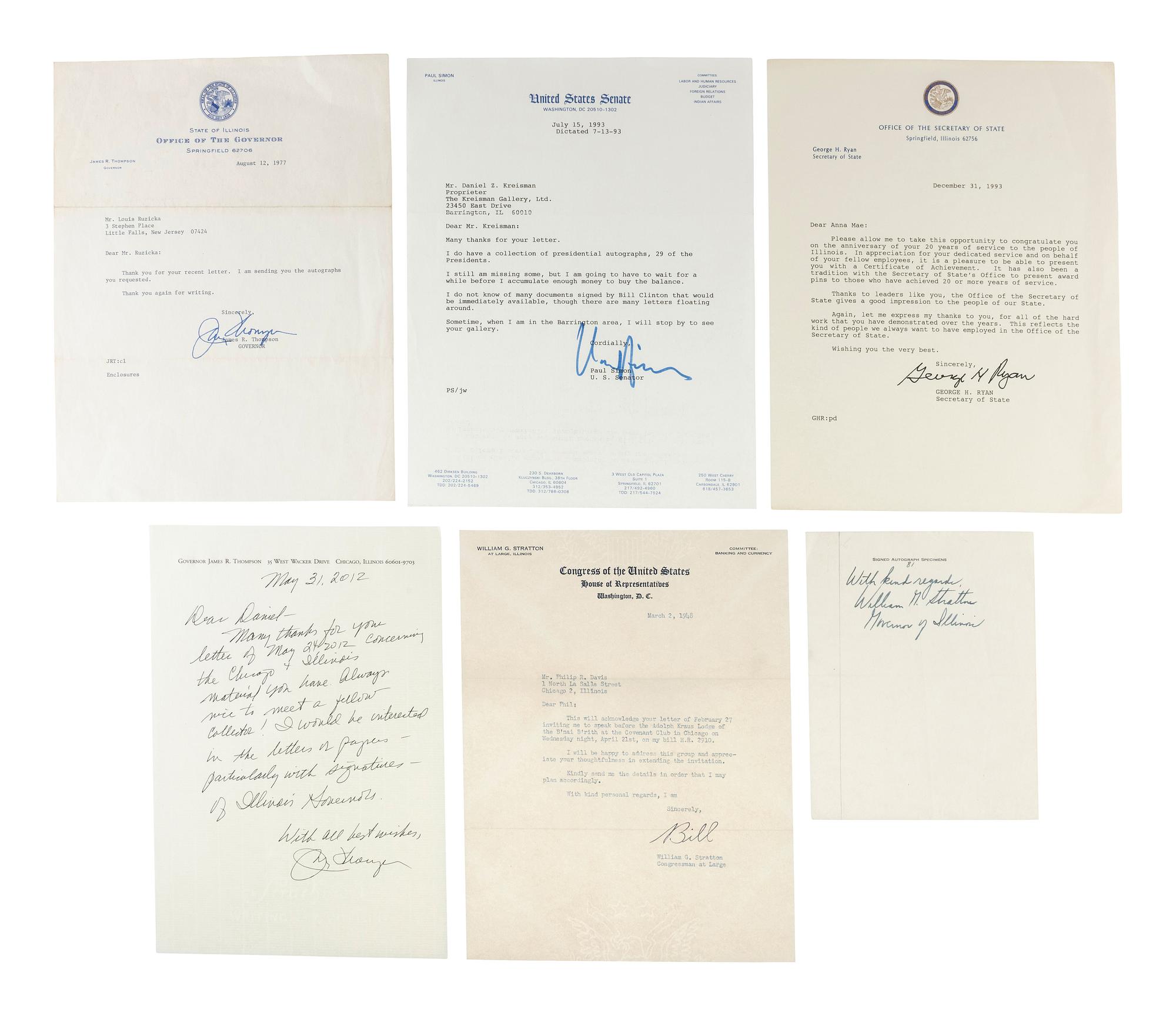 [ILLINOIS]. A large group of documents SIGNED by post-Civil War governors of Illinois.