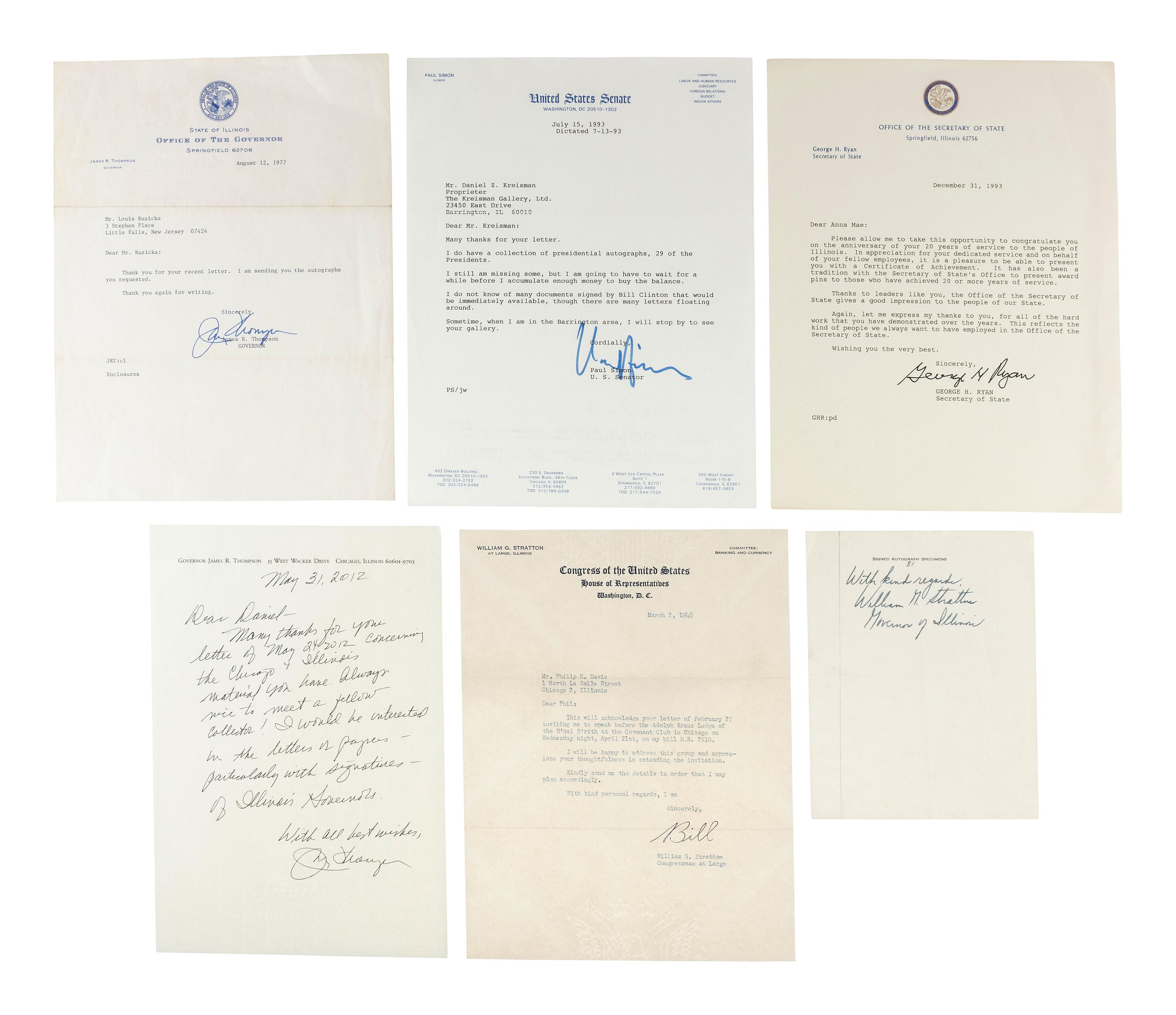 [ILLINOIS]. A large group of documents SIGNED by post-Civil War governors of Illinois.