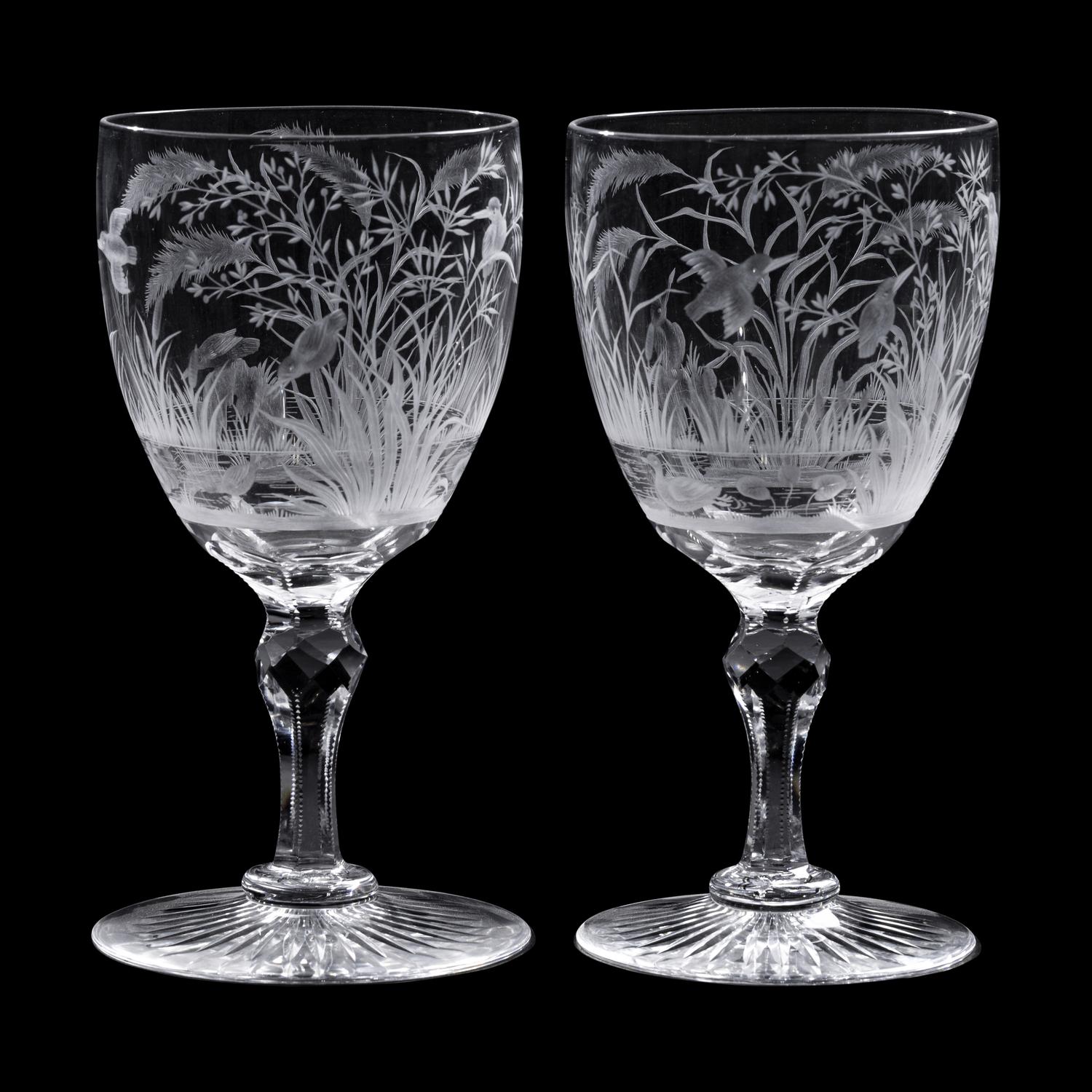 A Pair of Etched and Cut Glass Goblets with Waterfowl Motifs