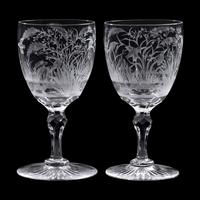 A Pair of Etched and Cut Glass Goblets with Waterfowl Motifs