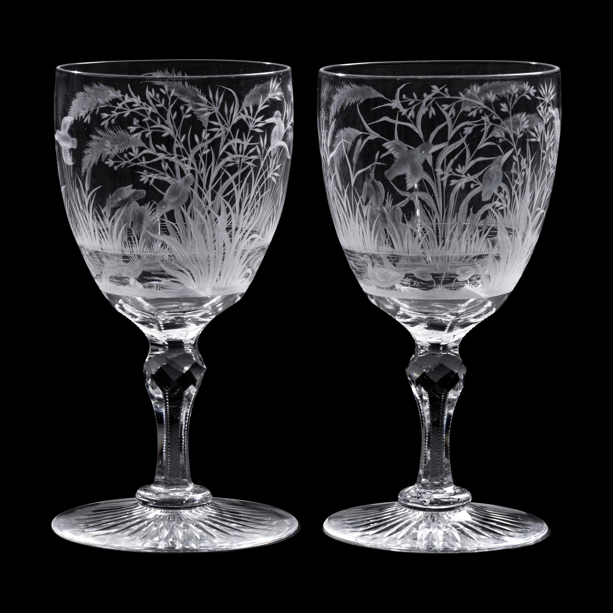 A Pair of Etched and Cut Glass Goblets with Waterfowl Motifs