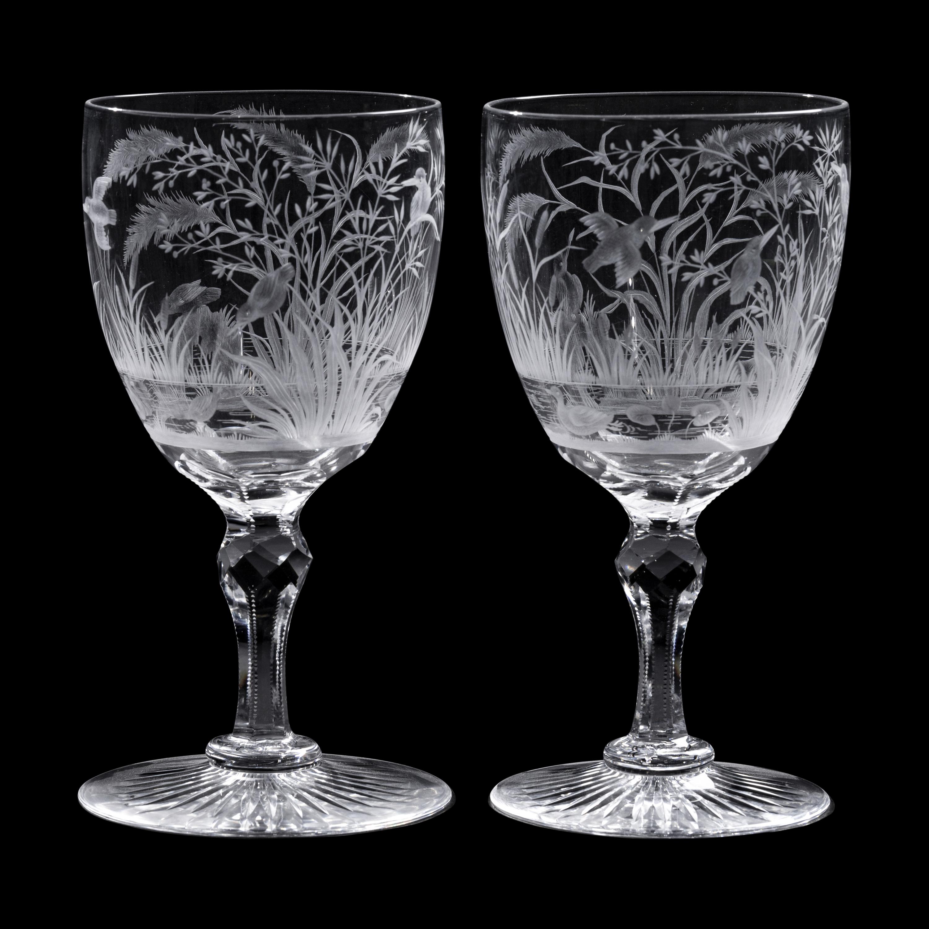A Pair of Etched and Cut Glass Goblets with Waterfowl Motifs