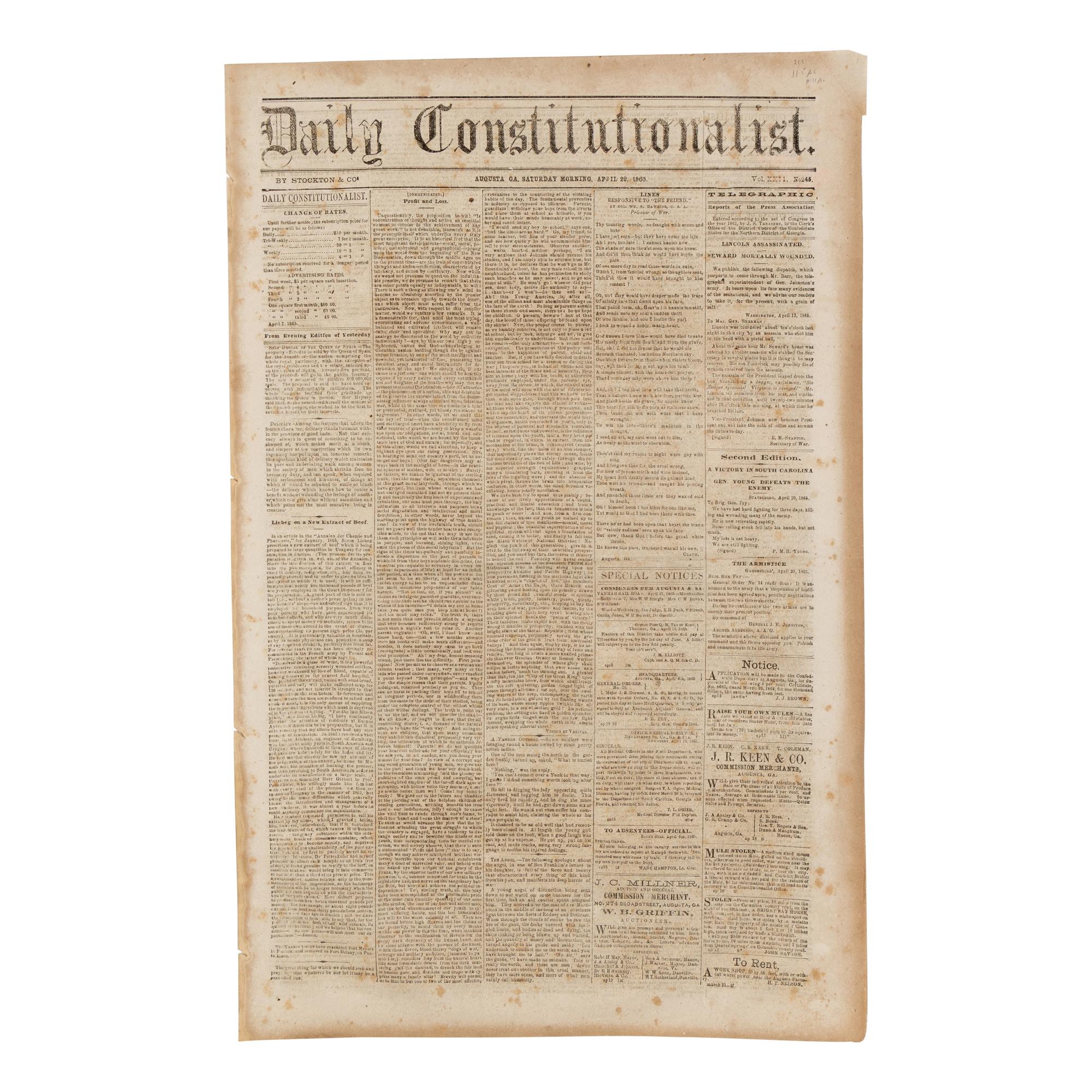 [LINCOLN ASSASSINATION]. Augusta Daily Constitutionalist. Vol. XXII, No. 245. Augusta, Georgia, 22 April 1865.