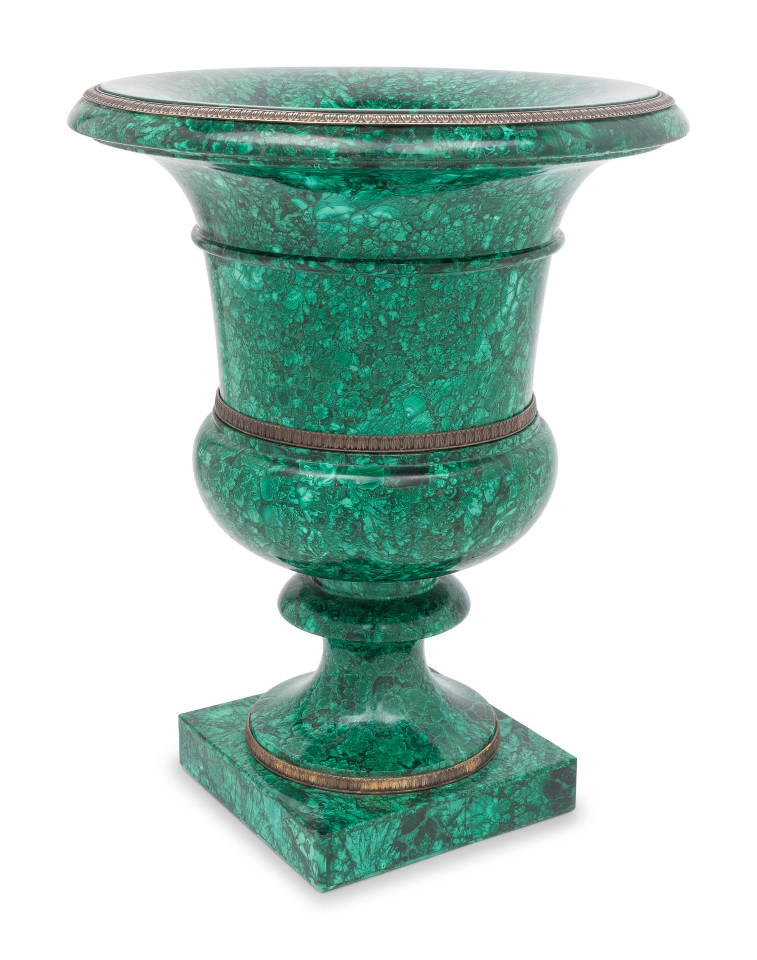 A Neoclassical Malachite Veneered Campagna-Form Urn