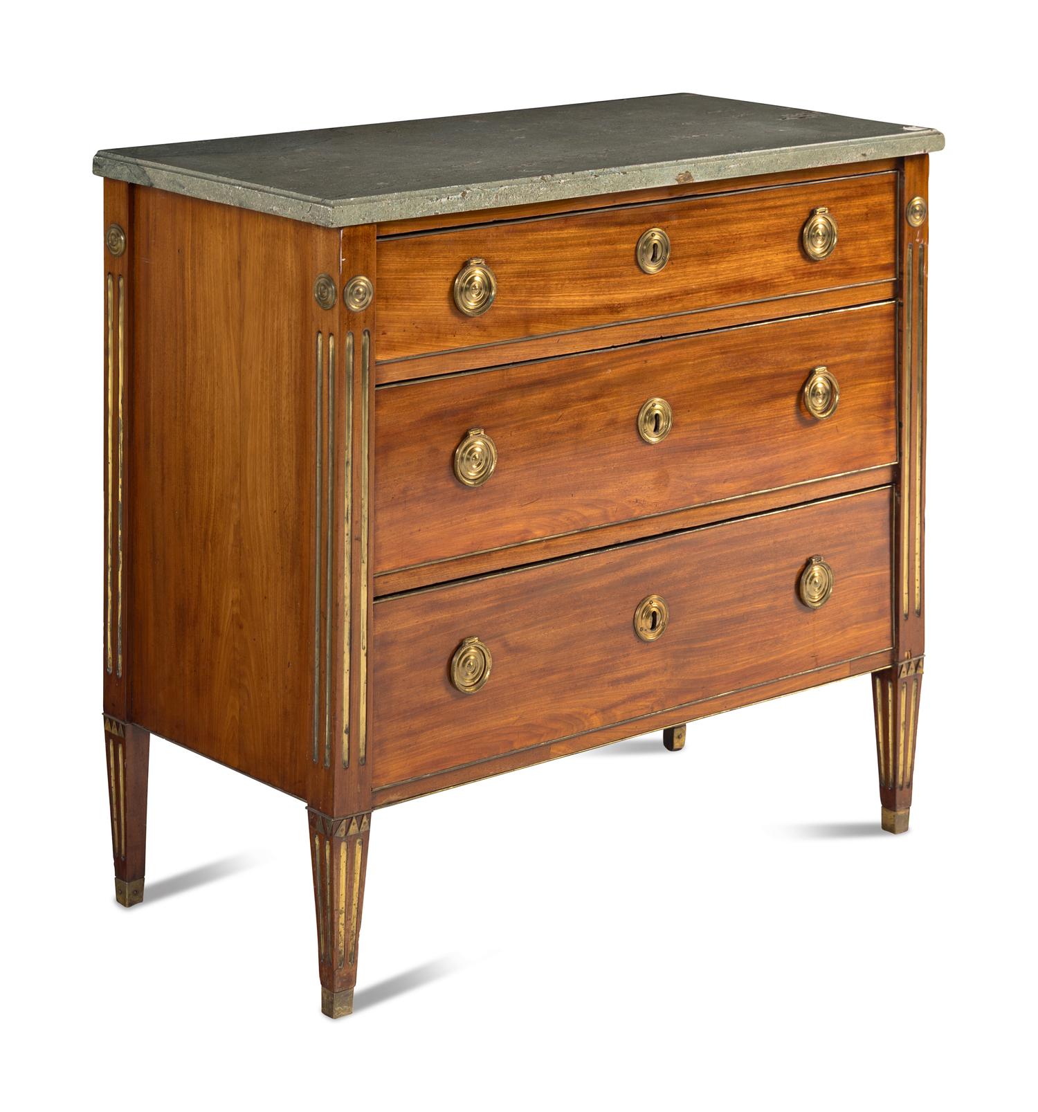 A Swedish Neoclassical Gilt Bronze Mounted Mahogany Marble-Top Bureau Chest
