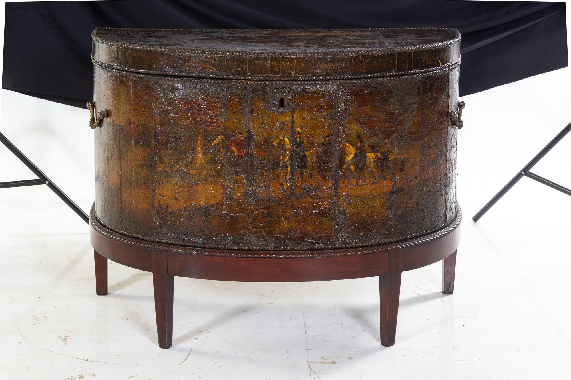 An English Painted Leather-Clad Oak Chest