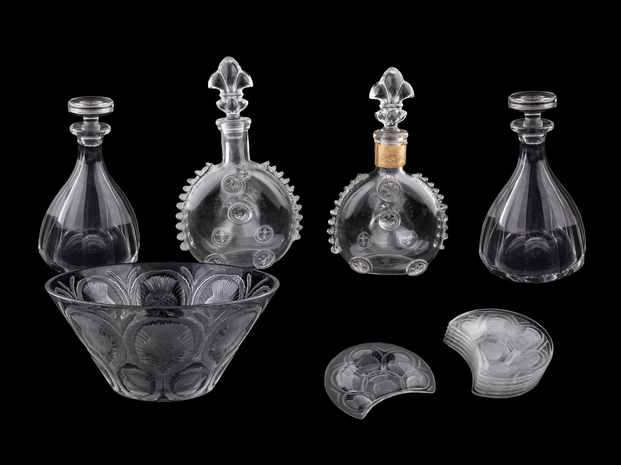 Two Baccarat Glass Decanters, a Lalique Salad Set, and Two Baccarat Bottles — 20TH CENTURY