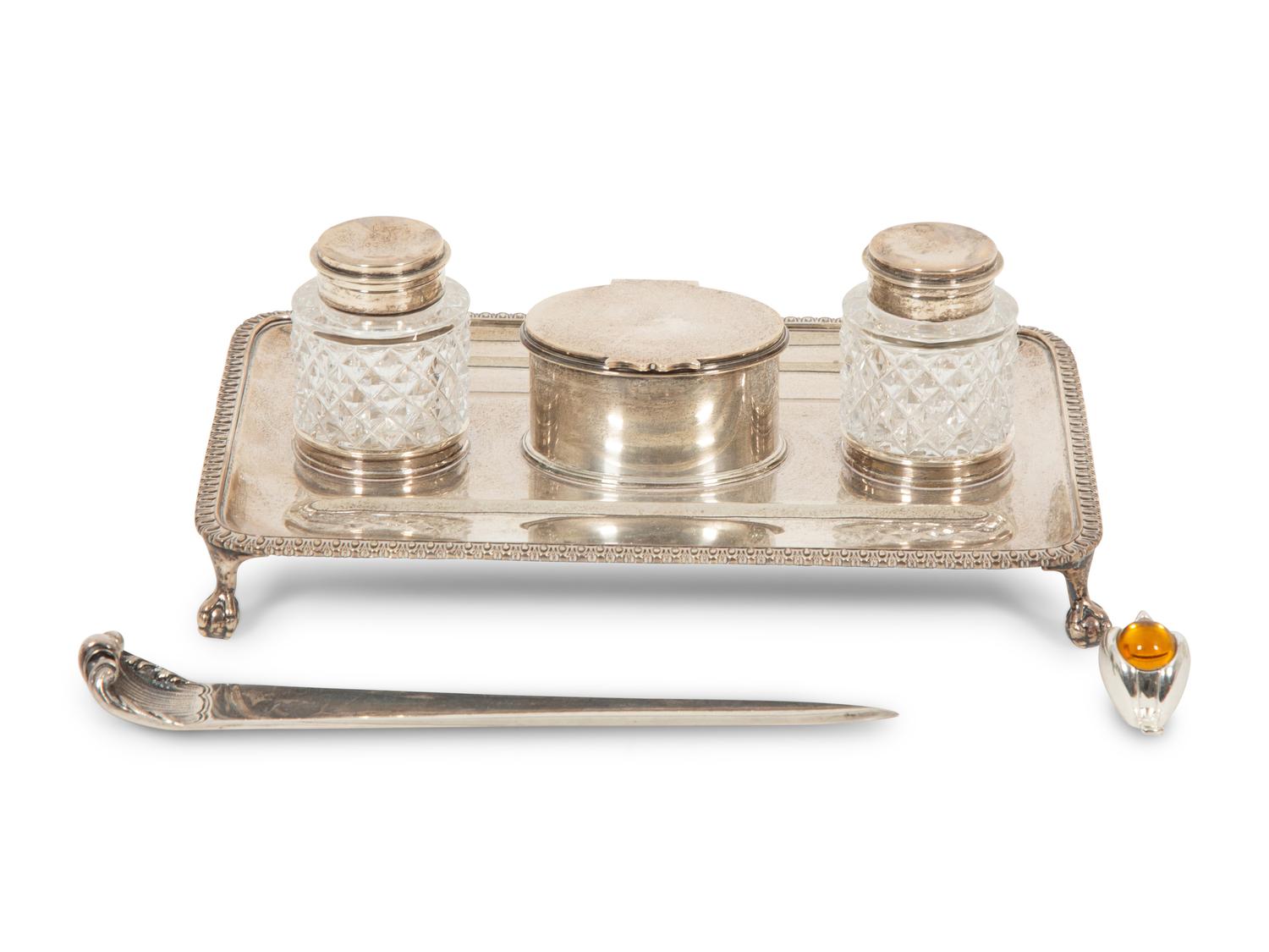 A English Silver Standish with a Buccellati Silver Letter Opener