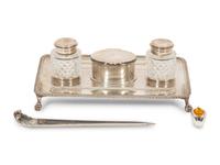 A English Silver Standish with a Buccellati Silver Letter Opener