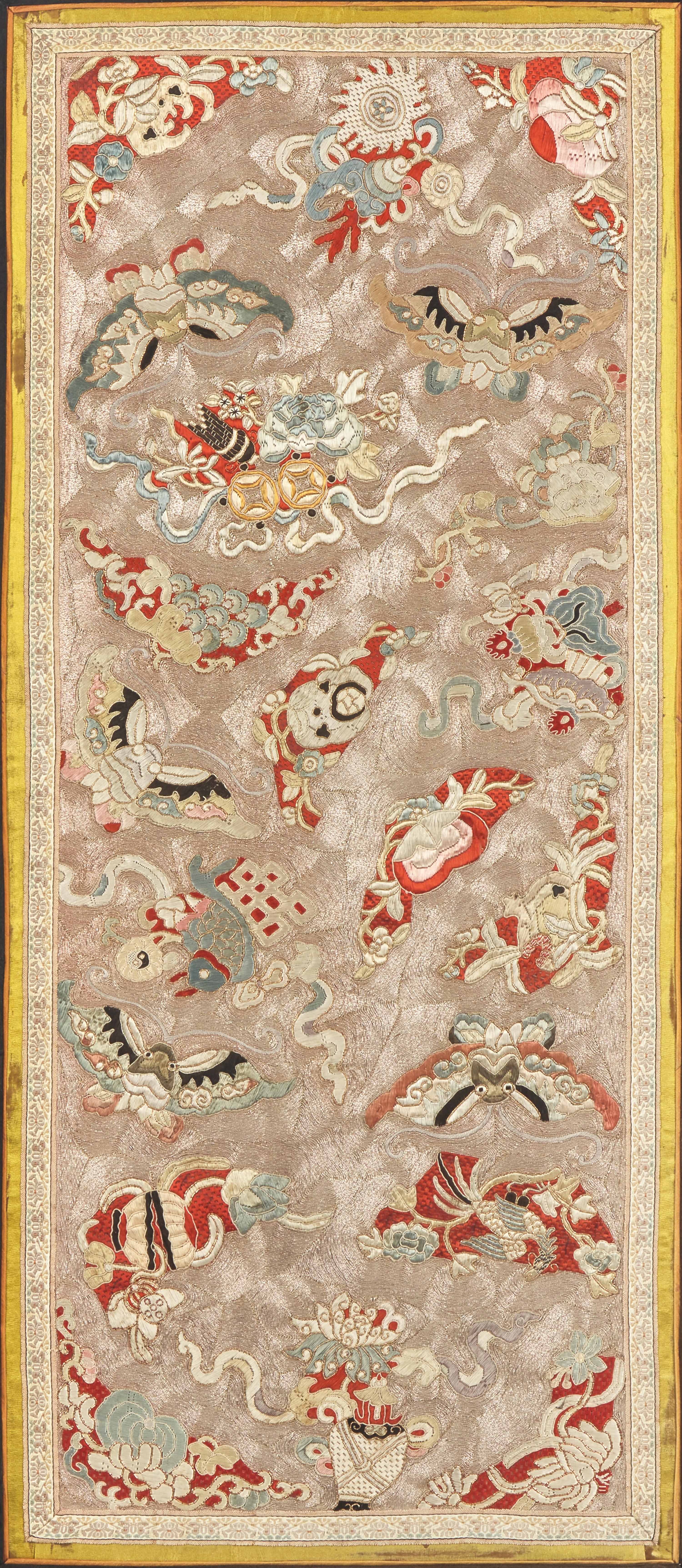 Two Chinese Embroidered Silk Panels, 19th to 20th Century 清晚期 銀綫地百蝶圖綉片及庭院仕女圖挽袖一件
