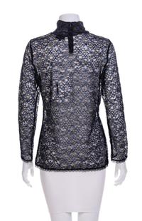 Chanel Sheer Black Lace with Blue Stripes Blouse, 2000s Size label: 42