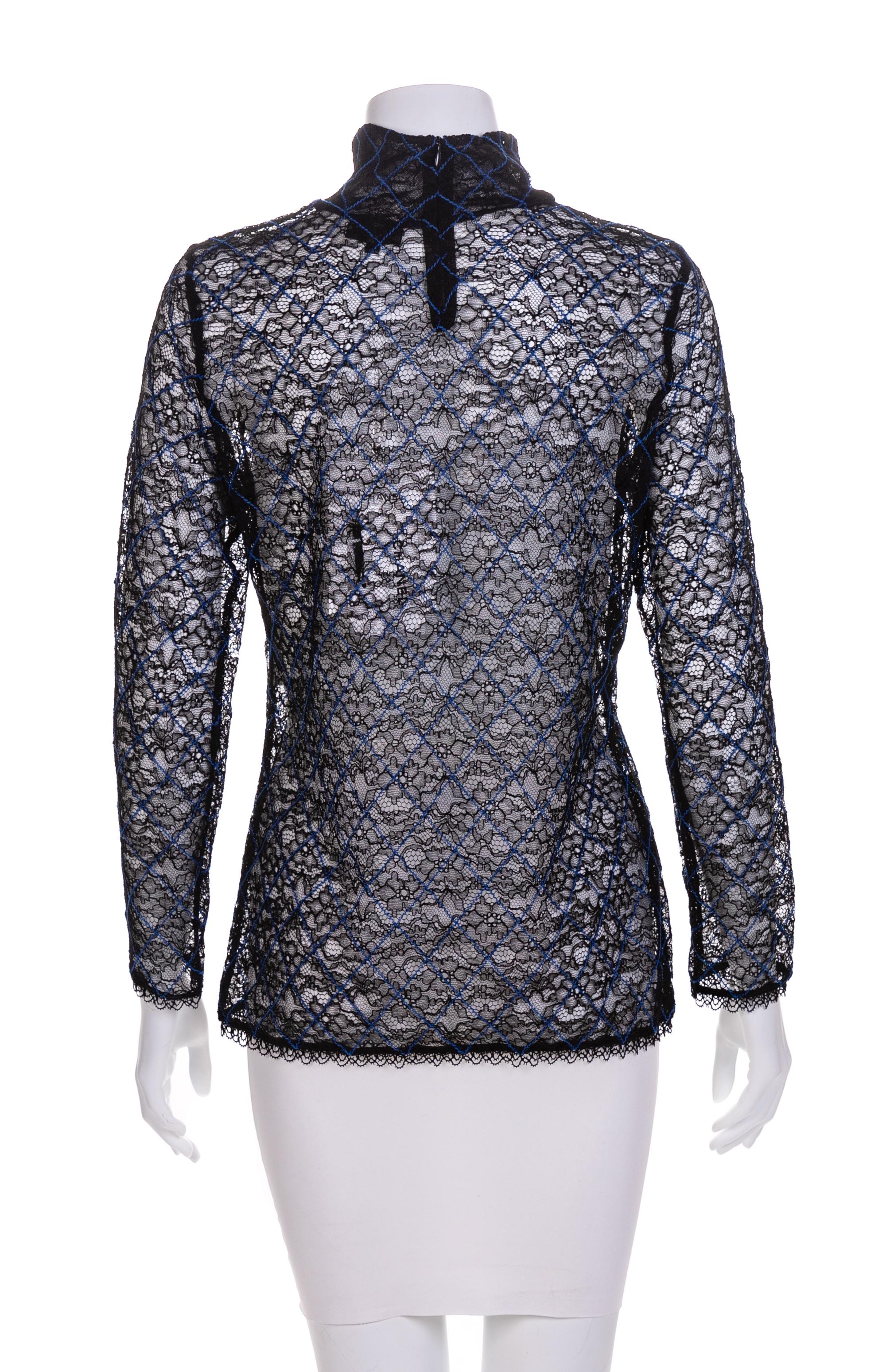Chanel Sheer Black Lace with Blue Stripes Blouse, 2000s Size label: 42