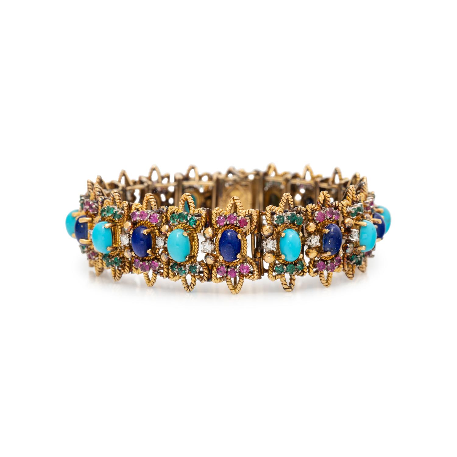 TURQUOISE, LAPIS LAZULI, EMERALD, RUBY, AND DIAMOND BRACELET