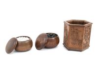 A Matched Pair of Chinese Hardwood Go Chess Boxes and A Carved Hardwood Brushpot
