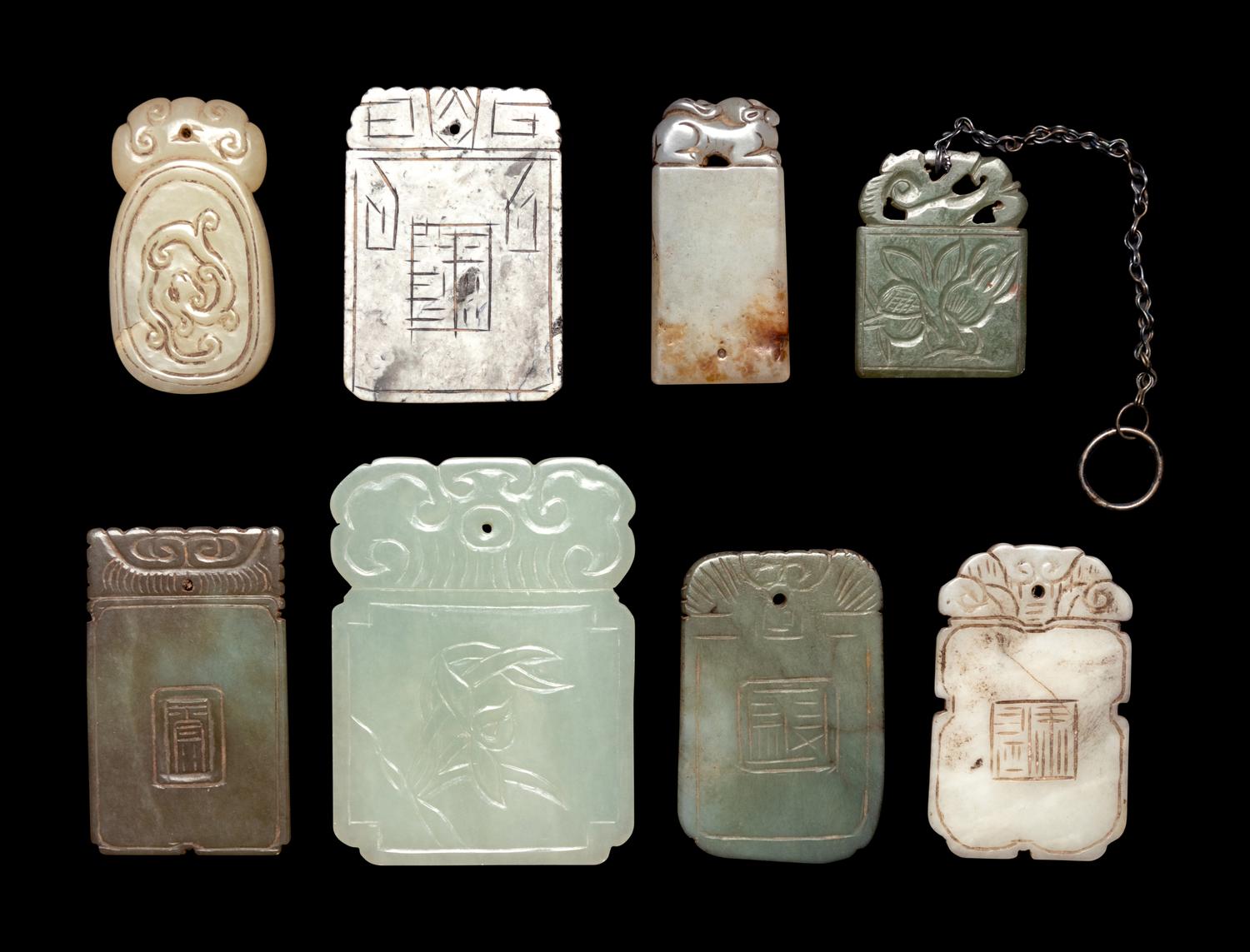 Eight Chinese Celadon Jade Carved Plaques