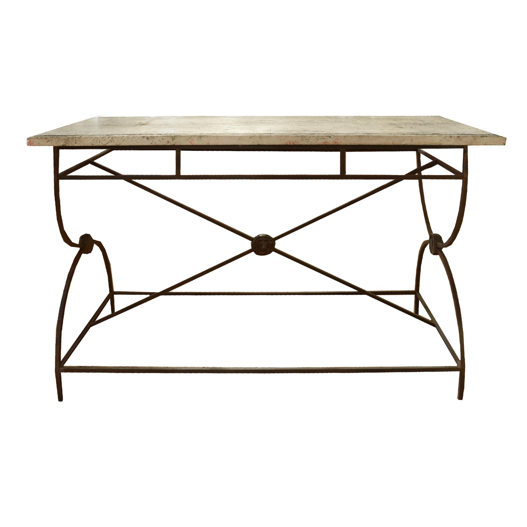 An Iron and Lead Travertine Top Table 47.5" W x 23.5 "d x 29.5" H — France, Circa 1930