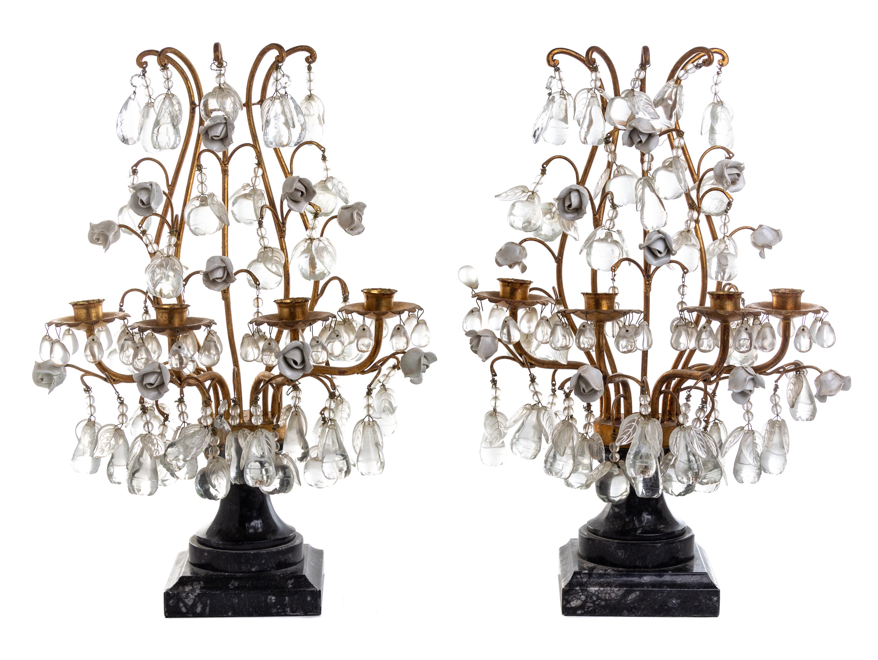 A Pair of Italian Gilt Metal and Marble Four-Light Candelabra Height 21 1/2 inches. — 20TH CENTURY