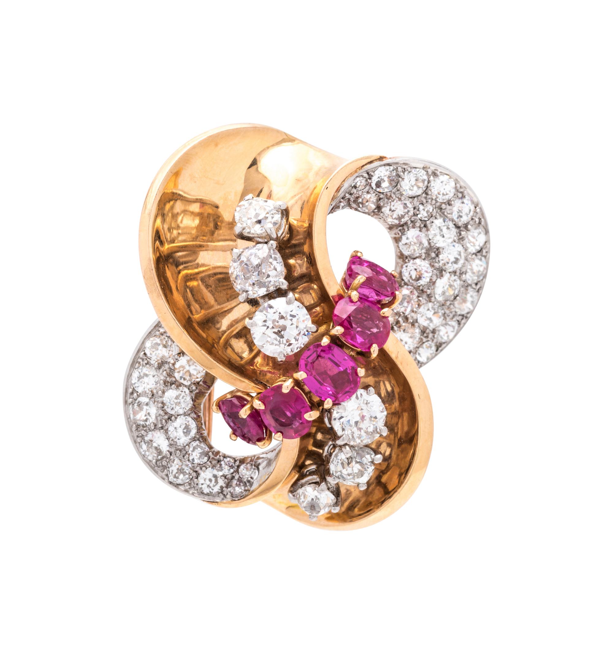 FRENCH, RETRO, RUBY AND DIAMOND BROOCH