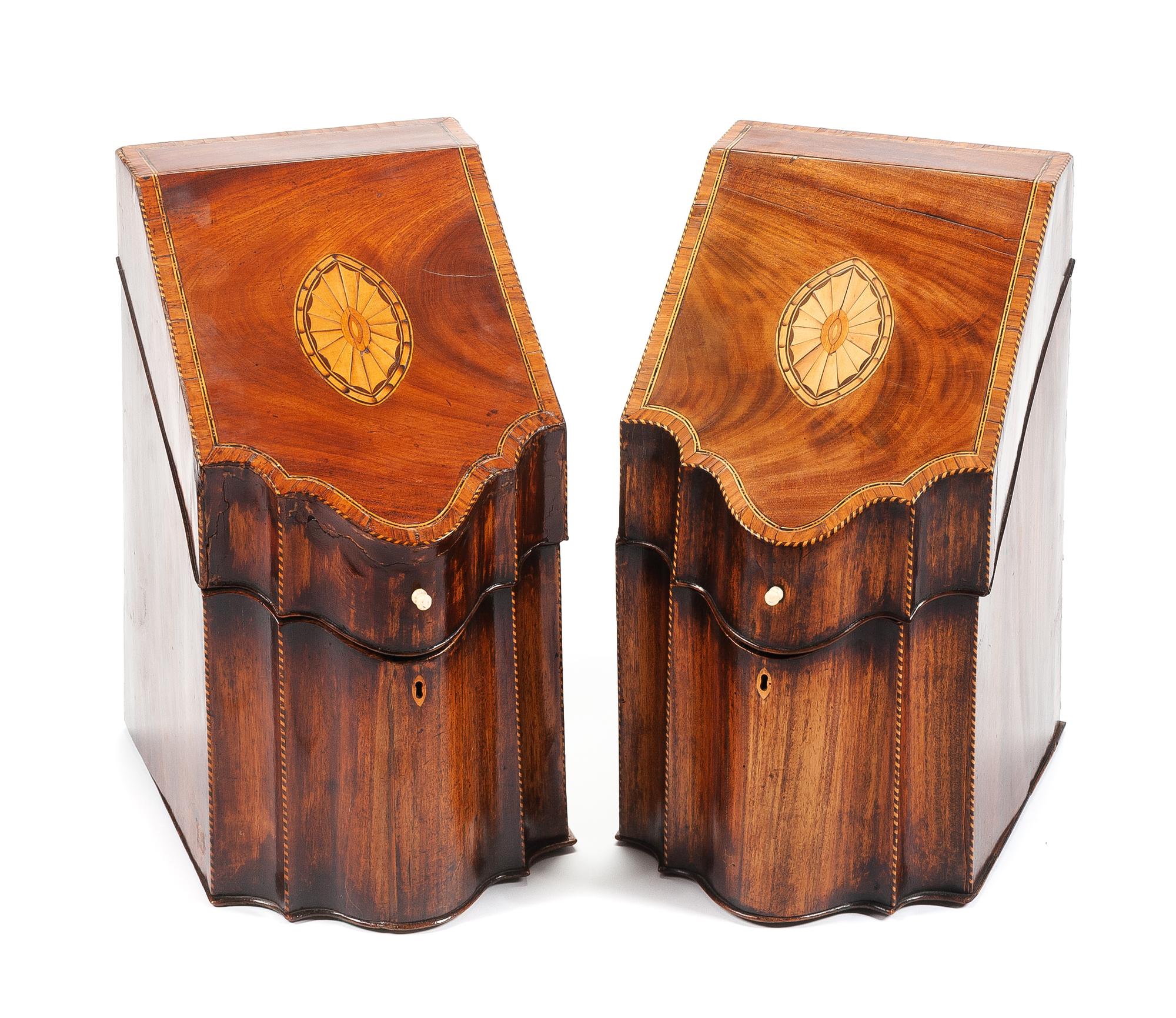 A Pair of George III Inlaid Mahogany Knife Boxes Height 32 x width 13 x depth 11 inches. — 18TH/19TH CENTURY