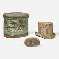 Three wallpaper-covered band boxes; Hanna Davis, Jaffrey, NH, and others, first quarter 19th century