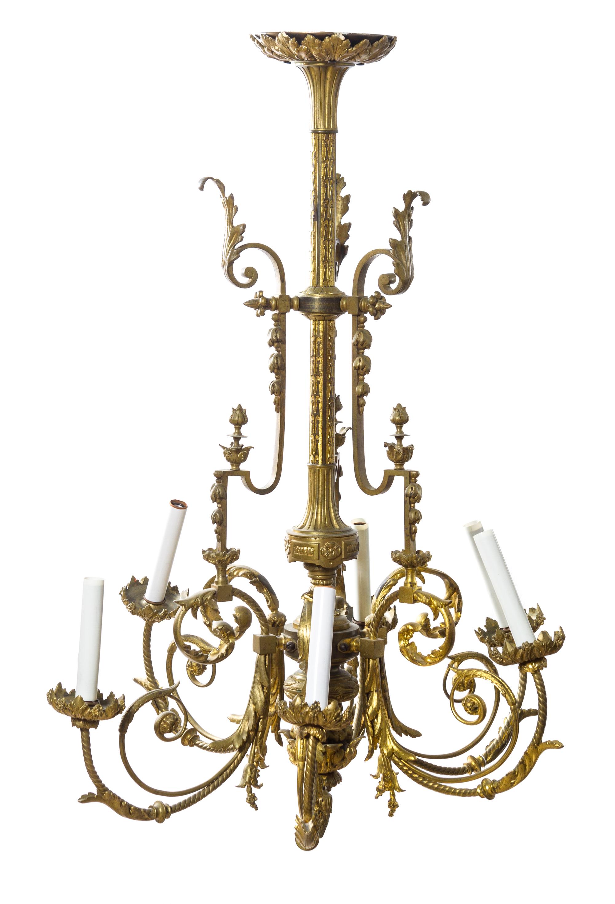 A Neoclassical Bronze Six-Light Chandelier Height 33 1/2 inches.