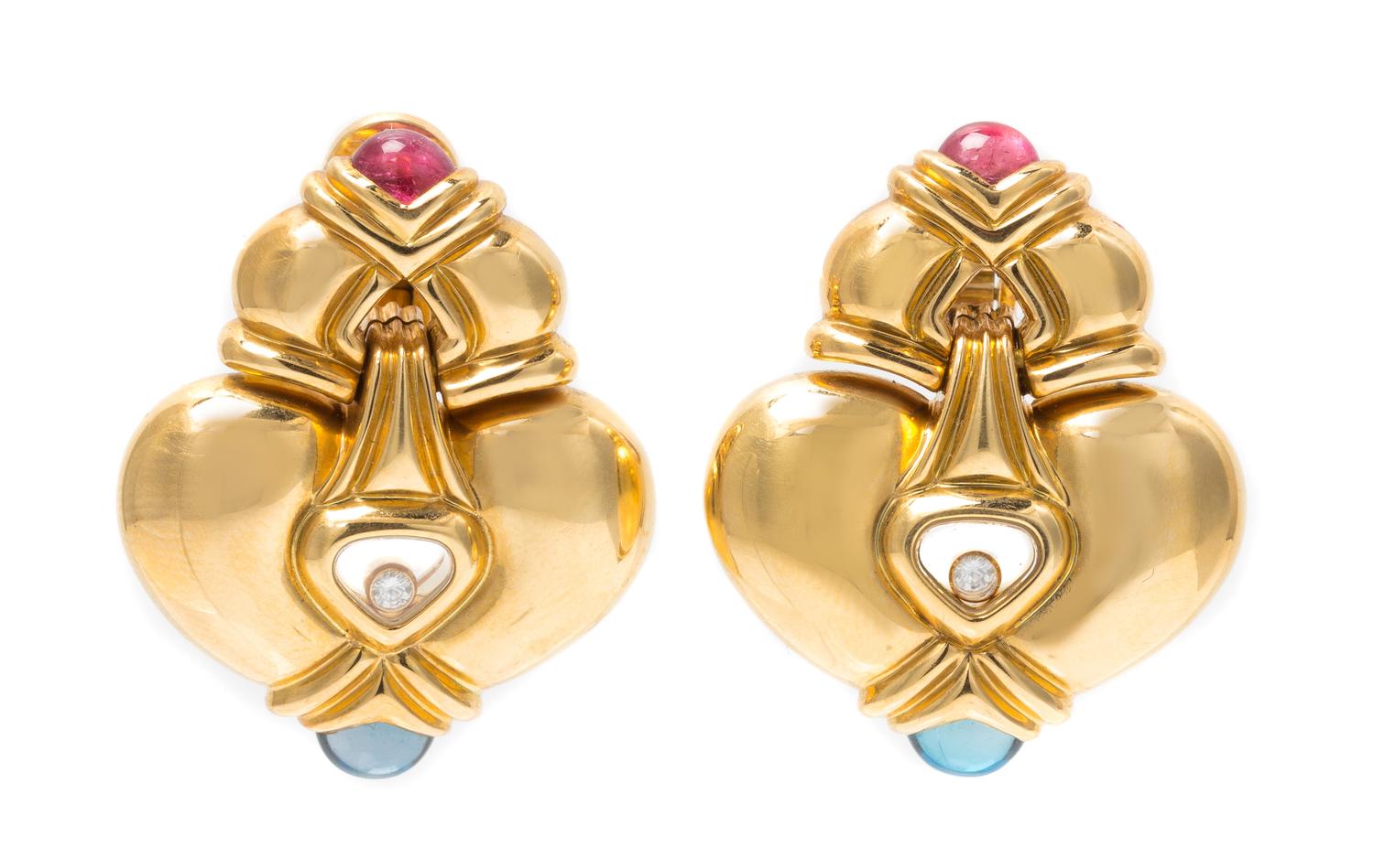 An Pair of 18 Karat Yellow Gold, Diamond, Pink Tourmaline and Blue Topaz "Happy Diamond" Earclips, Chopard, 26.60 dwts.