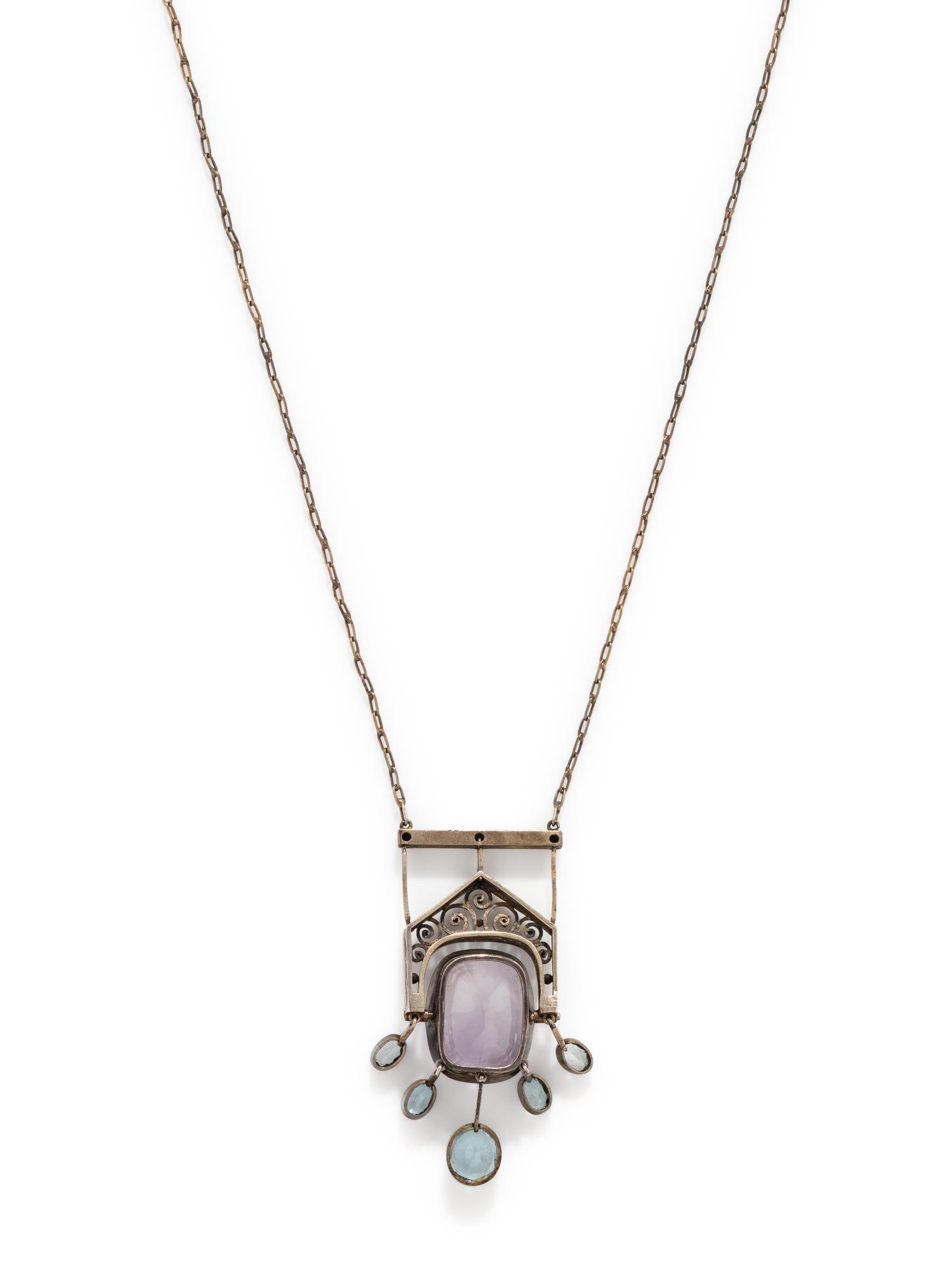 RUSSIAN, STIL MODERN, SILVER, AMETHYST AND AQUAMARINE NECKLACE