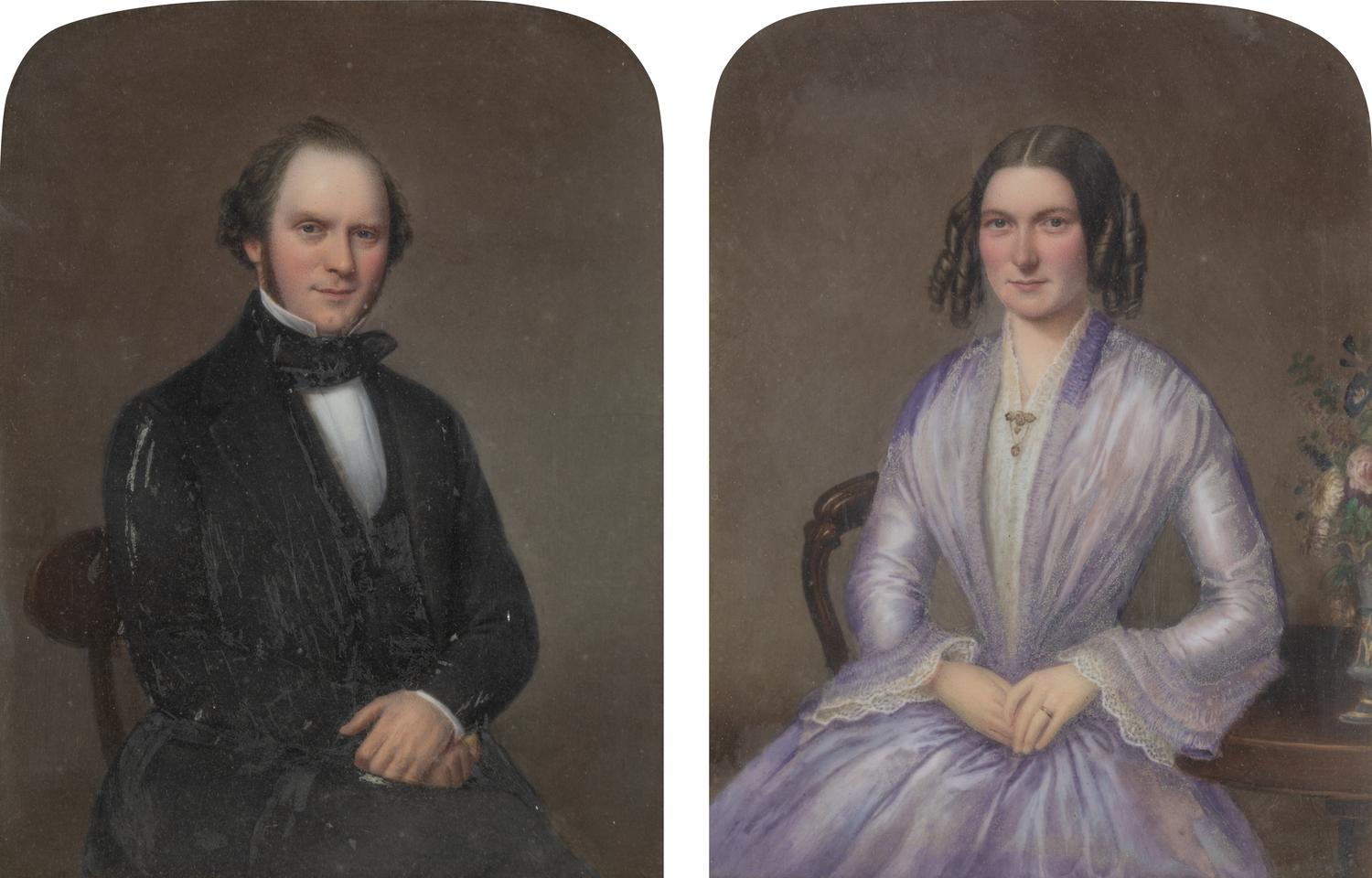 Two English Painted Porcelain Portrait Plaques of a Gentleman and Lady