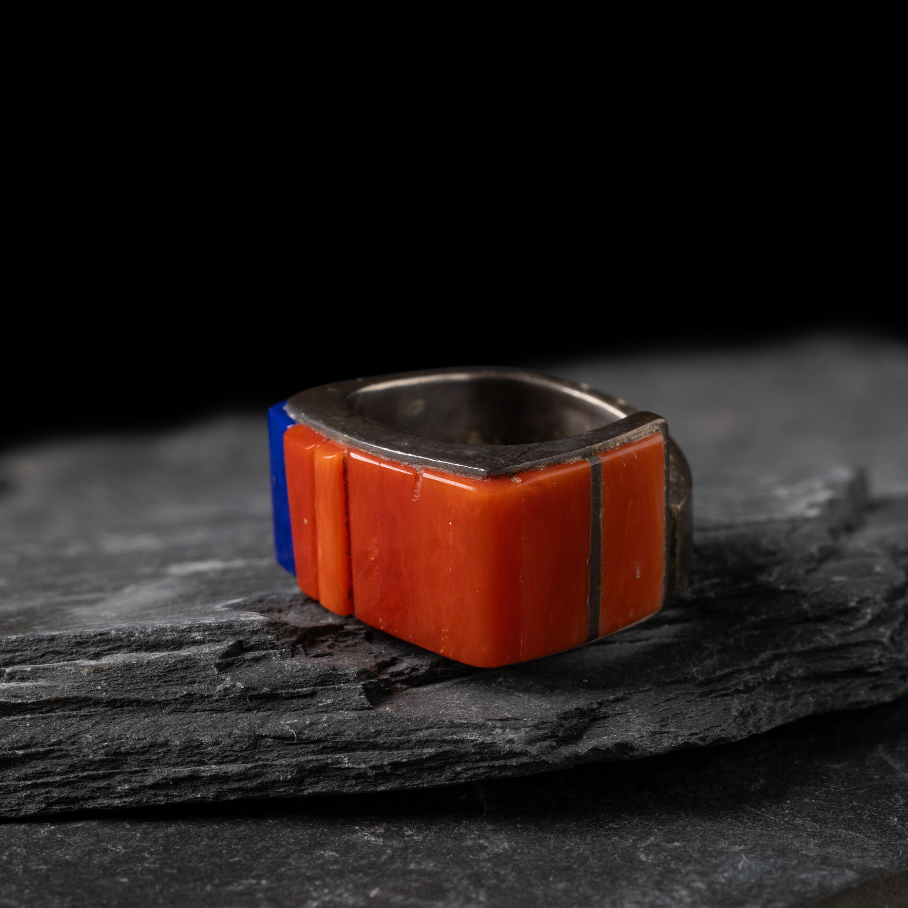 Richard Chavez (San Felipe, b. 1949) — Silver, Coral, and Lapis Ring
