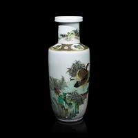 A Chinese Famille Verte 'Geese' Porcelain Rouleau Vase, Qing Dynasty 清 五彩蘆塘秋雁圖棒槌瓶