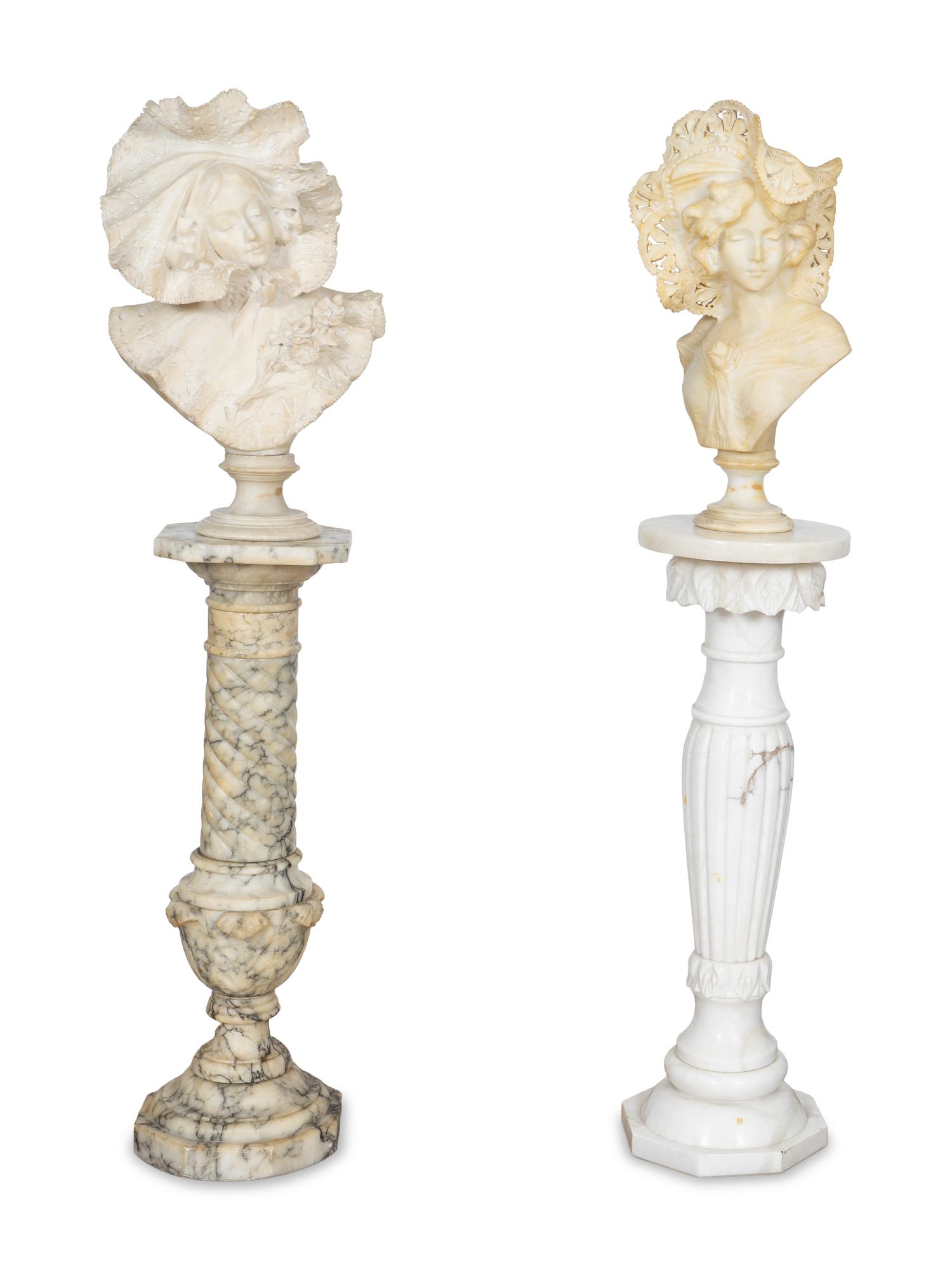 Two Italian Carved Alabaster Busts with Associated Marble Pedestals