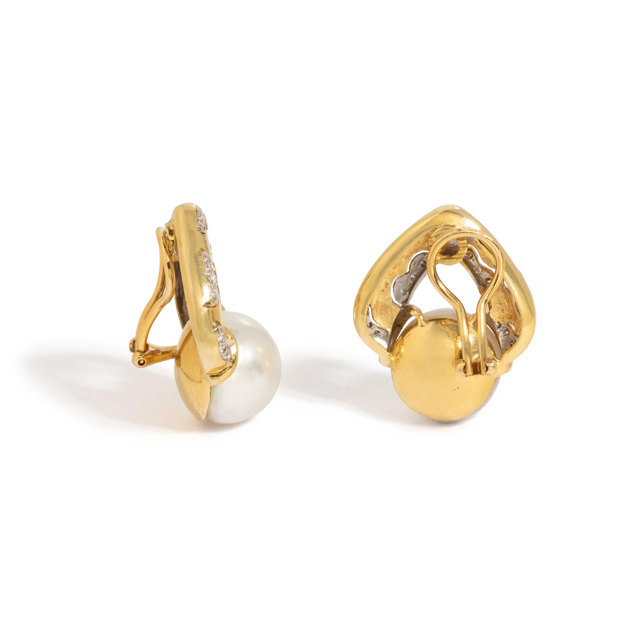 BICOLOR GOLD, CULTURED SOUTH SEA PEARL AND DIAMOND EARCLIPS