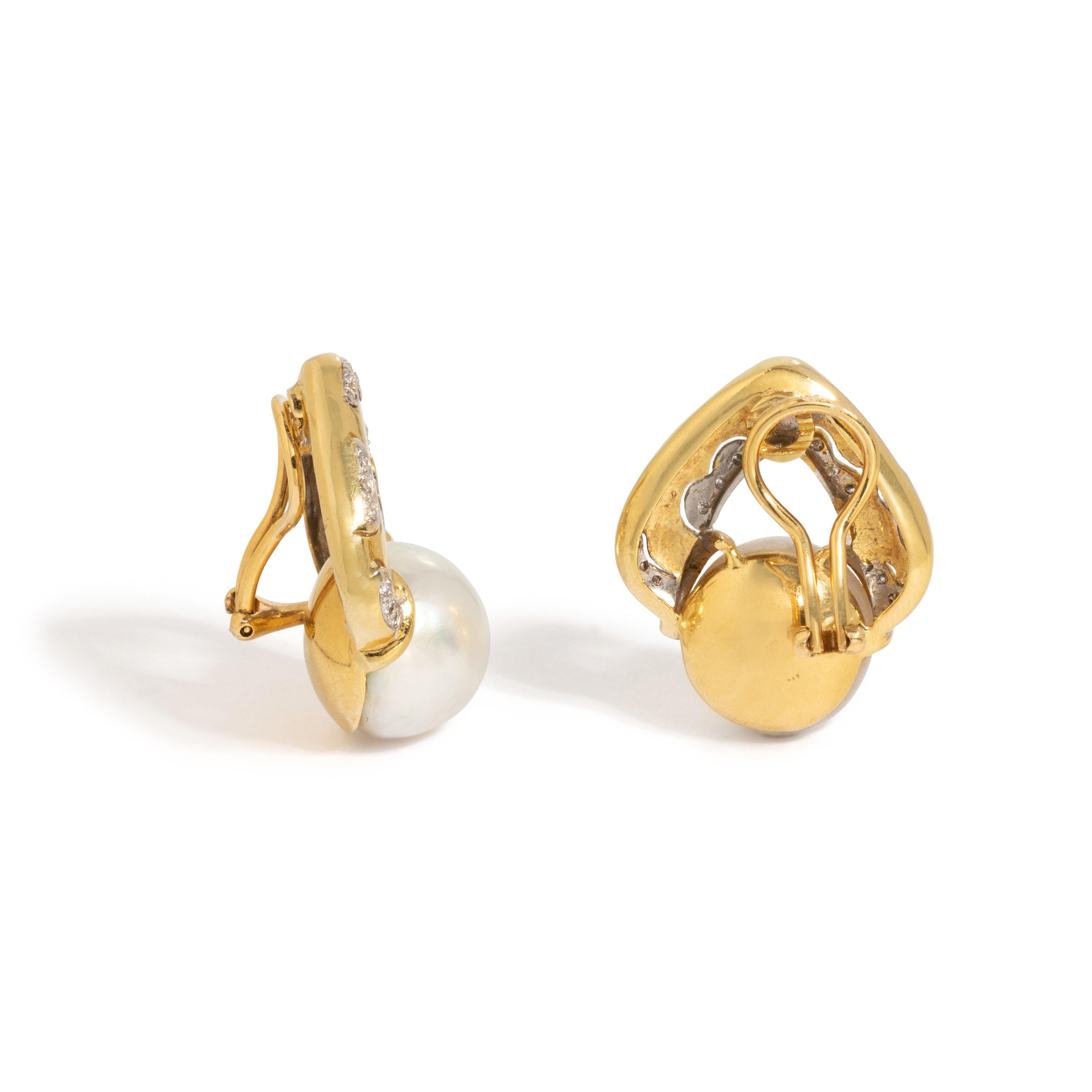 BICOLOR GOLD, CULTURED SOUTH SEA PEARL AND DIAMOND EARCLIPS