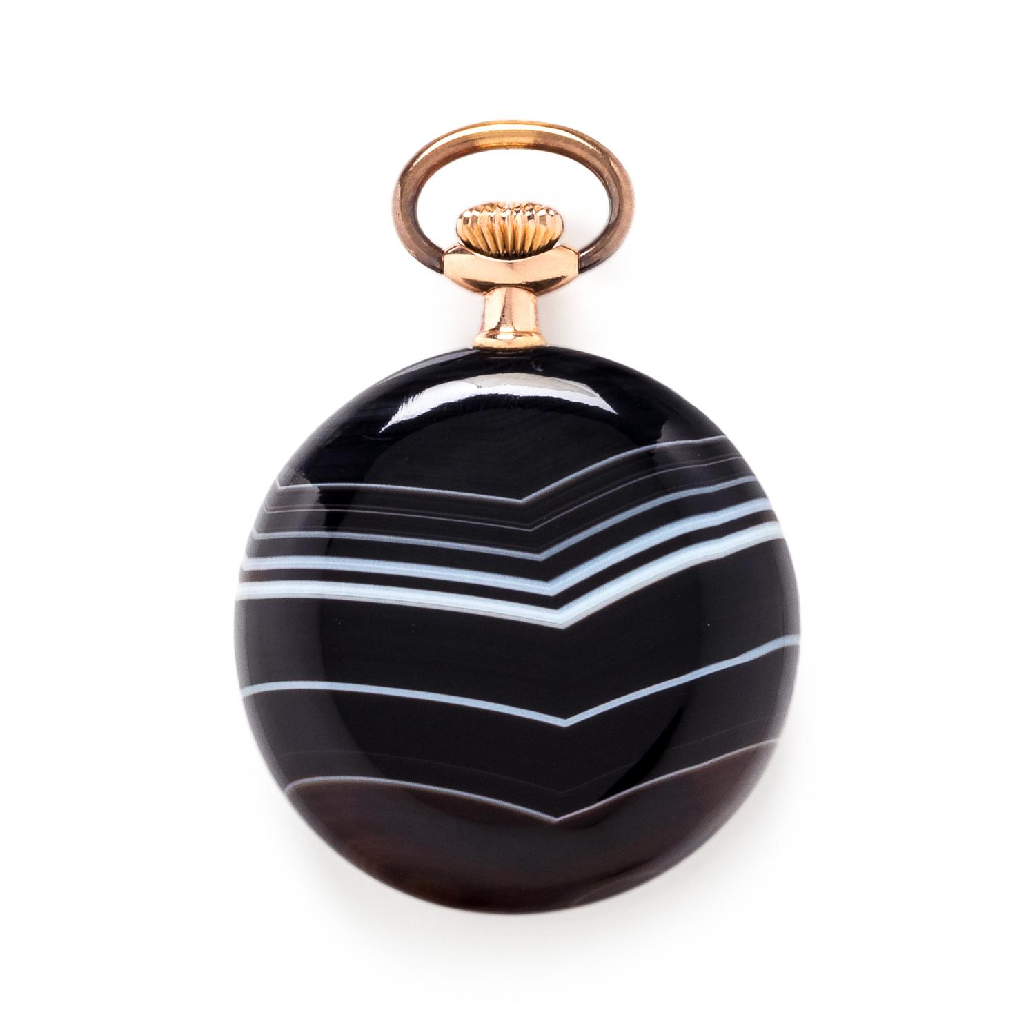 PINK GOLD AND AGATE OPEN FACE POCKET WATCH