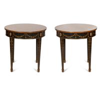 A Pair of Adam Style Burl Wood, Painted and Parcel Gilt Circular Tables