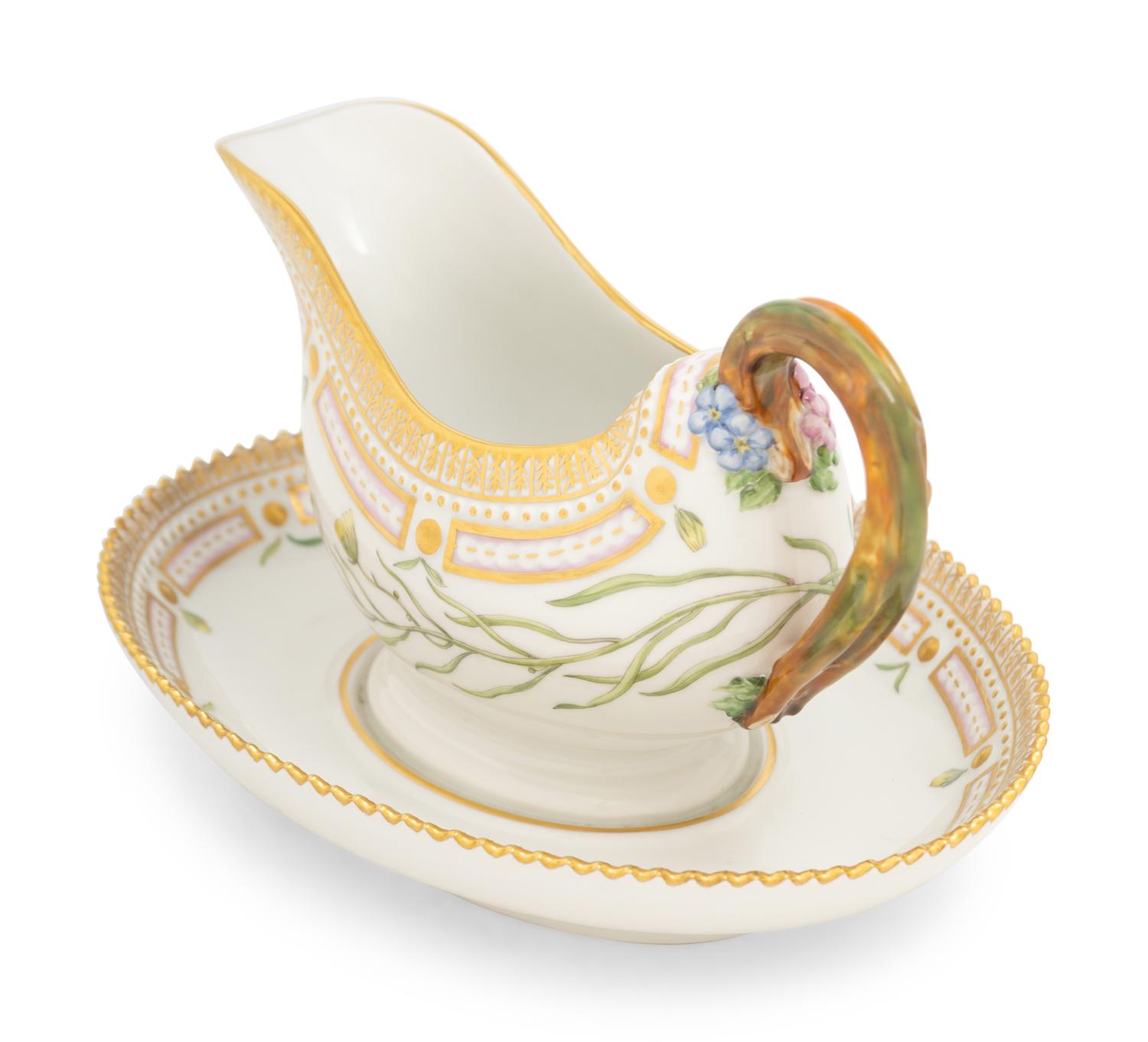 A Royal Copenhagen Flora Danica Porcelain Sauce Boat with Attached Underplate