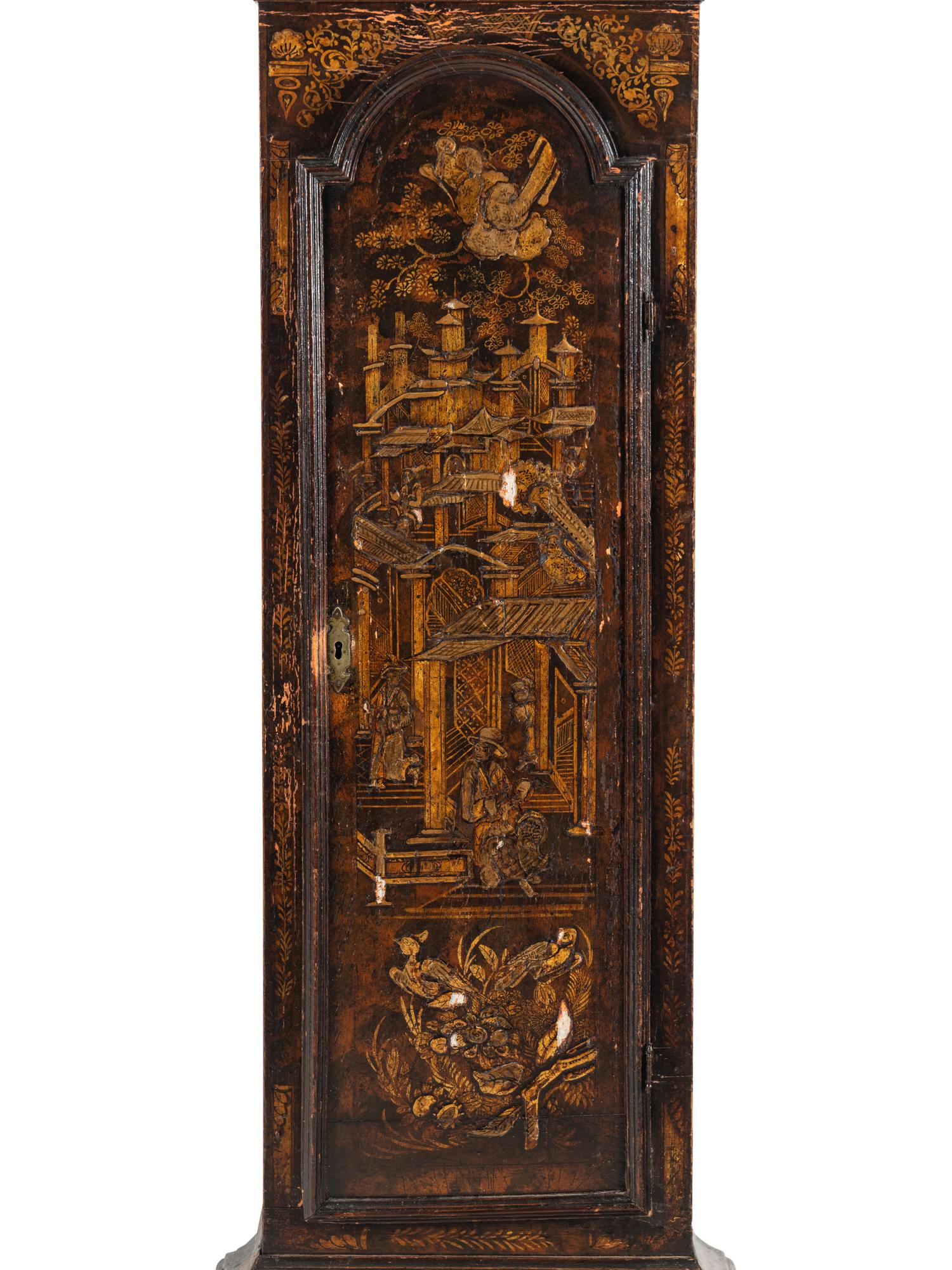 A George I Black and Gilt-Japanned Oak Tall Case Clock