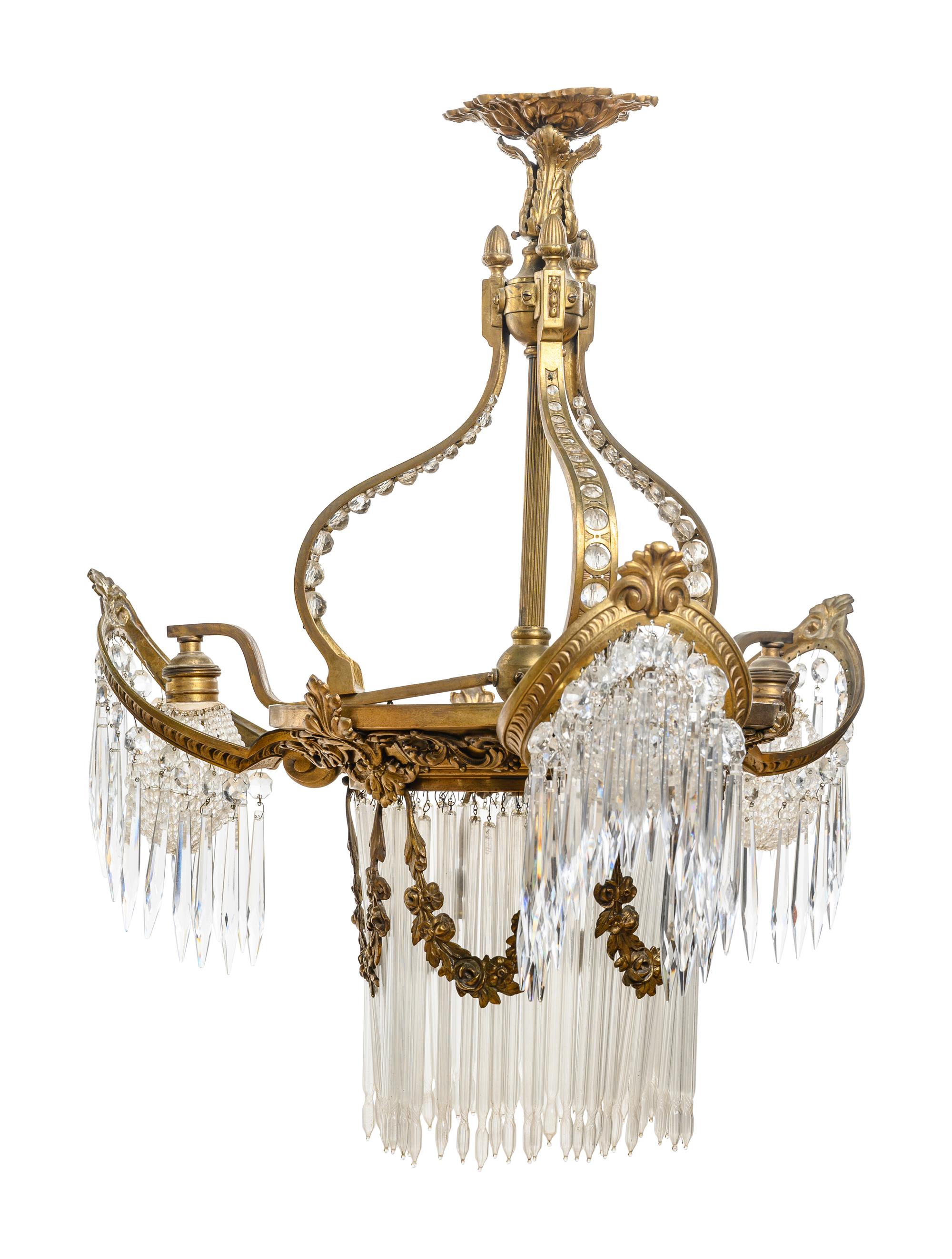 A Continental Gilt Bronze and Glass Three-Light Chandelier