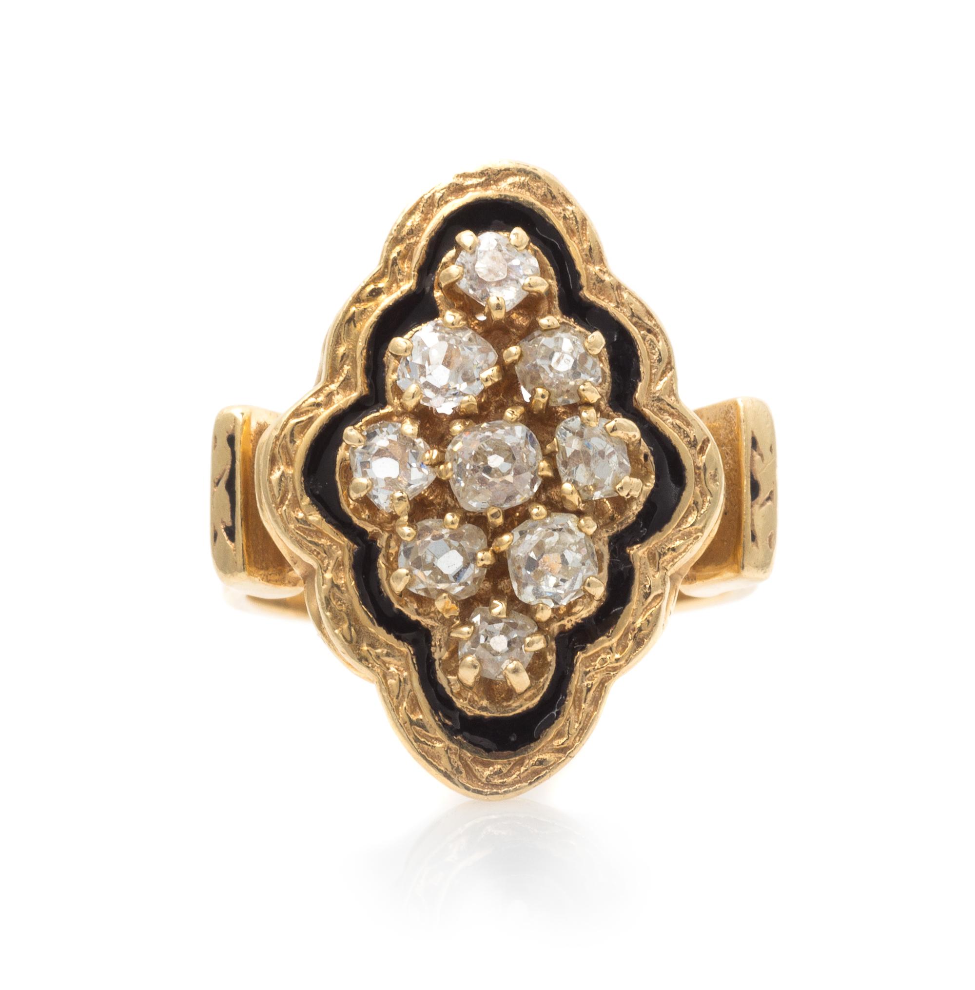 A 14 Karat Yellow Gold, Diamond and Enamel Ring, 5.30 dwts.