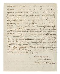 MADISON, James. Autographed letter signed ("James Madison"), as President, to an unnamed recipient, Washington, D.C., 19 April 1816.