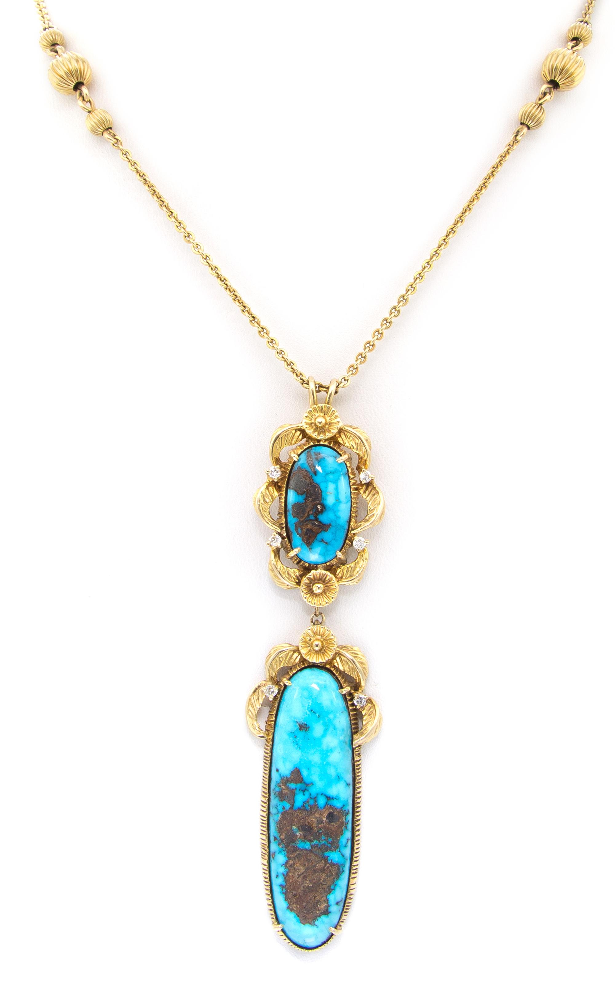 A Yellow Gold, Turquoise and Diamond Necklace, 23.00 dwts.