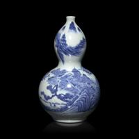 A Japanese Hirado Blue and White Double-Gourd Vase, Edo to Early Meiji Period — 日本江戶-明治早期 平戶燒青花山水圖葫蘆瓶