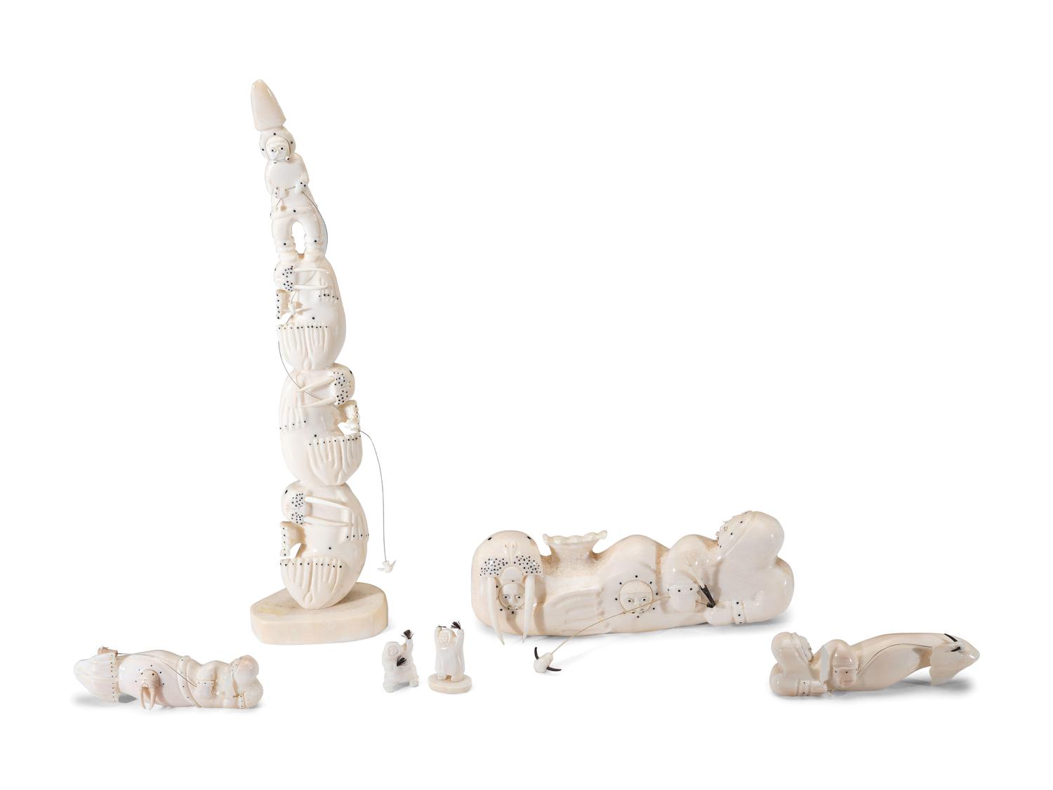Carved Walrus Ivory Sculptures, with Baleen Inlay